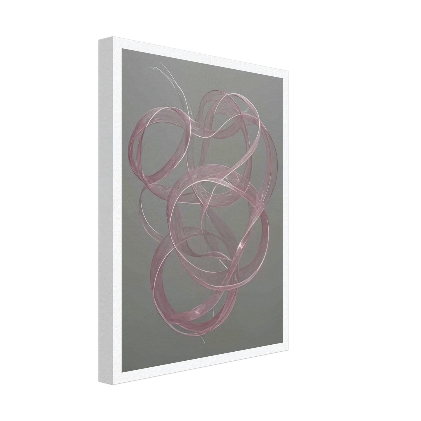 Delicate pink loops float gracefully against a muted gray background, creating a sense of movement and elegance in a tranquil space.
