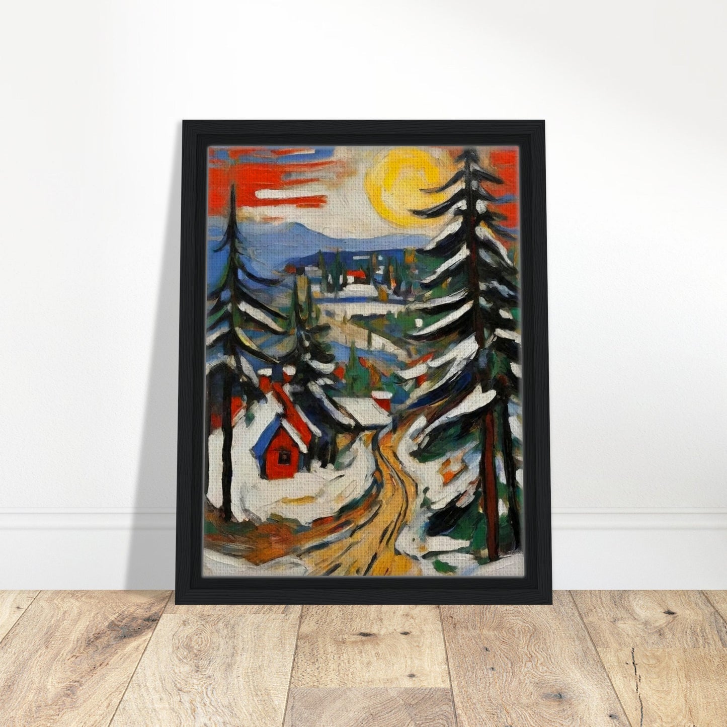 "A vibrant painting of a snow-covered village under a bright yellow sun, with tall pine trees and a winding golden path leading through the scene."