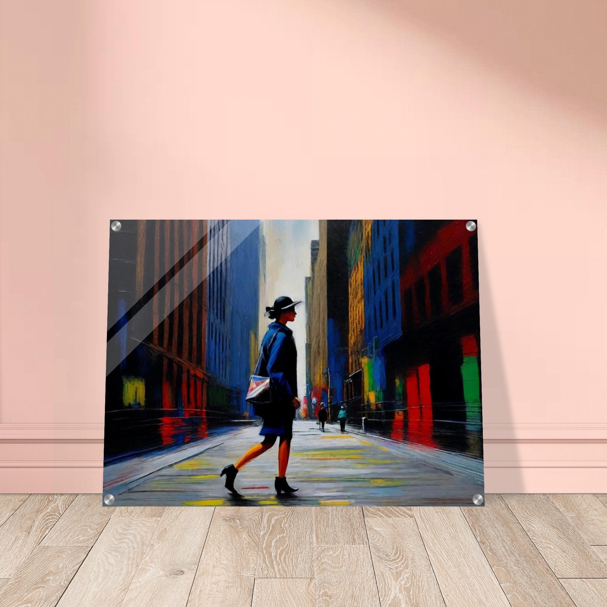 A vibrant painting of a woman walking through a colorful city street, with towering buildings and reflective surfaces.