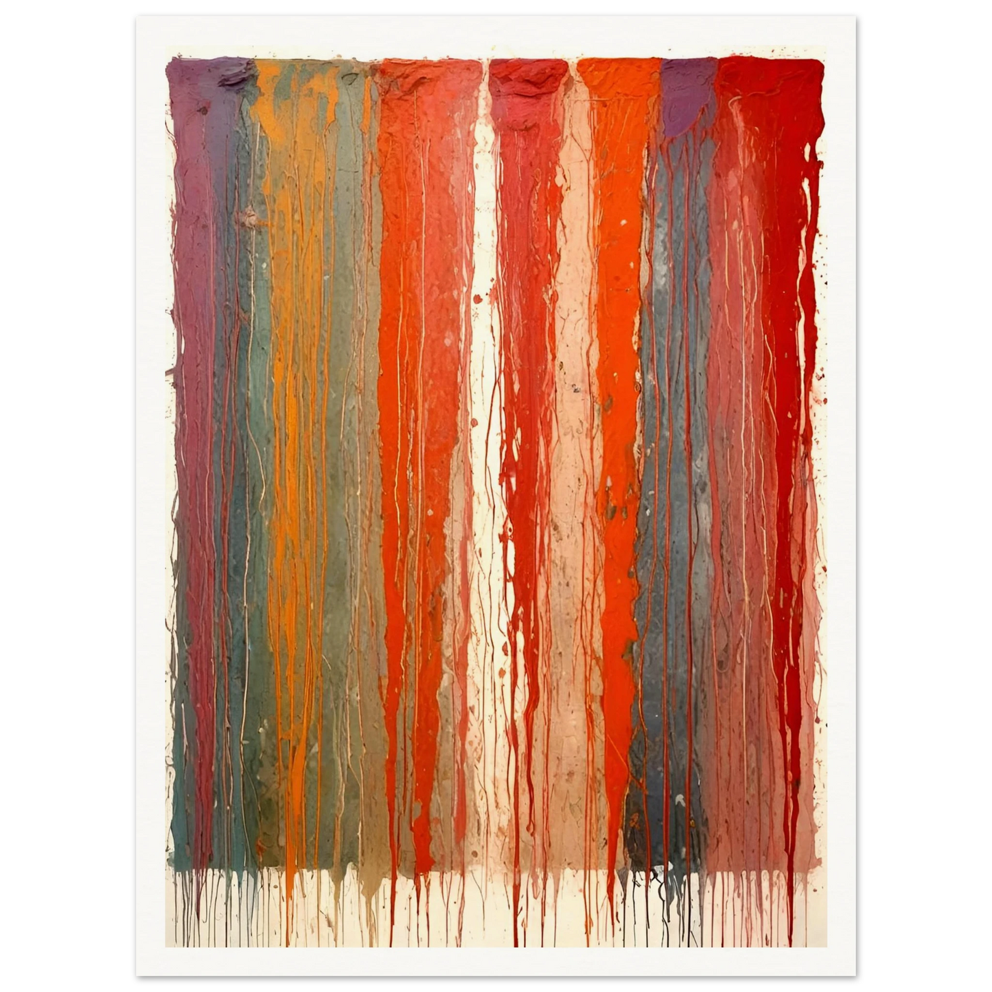 Vertical ribbons of vibrant paint drip down the canvas in layered red, orange, blue, and purple tones against a pale backdrop.