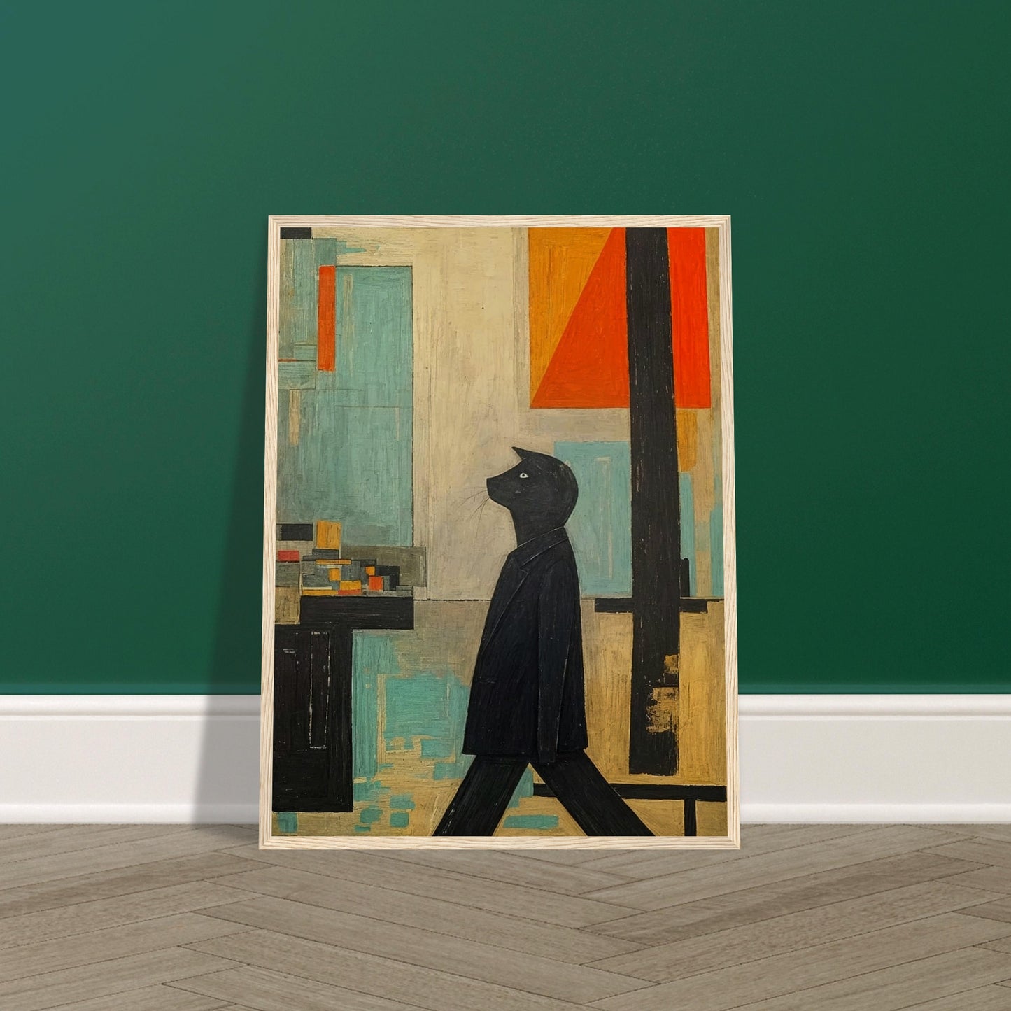 A stylized painting of a black cat walking upright, set against a geometric backdrop with muted tones of blue, orange, and beige.