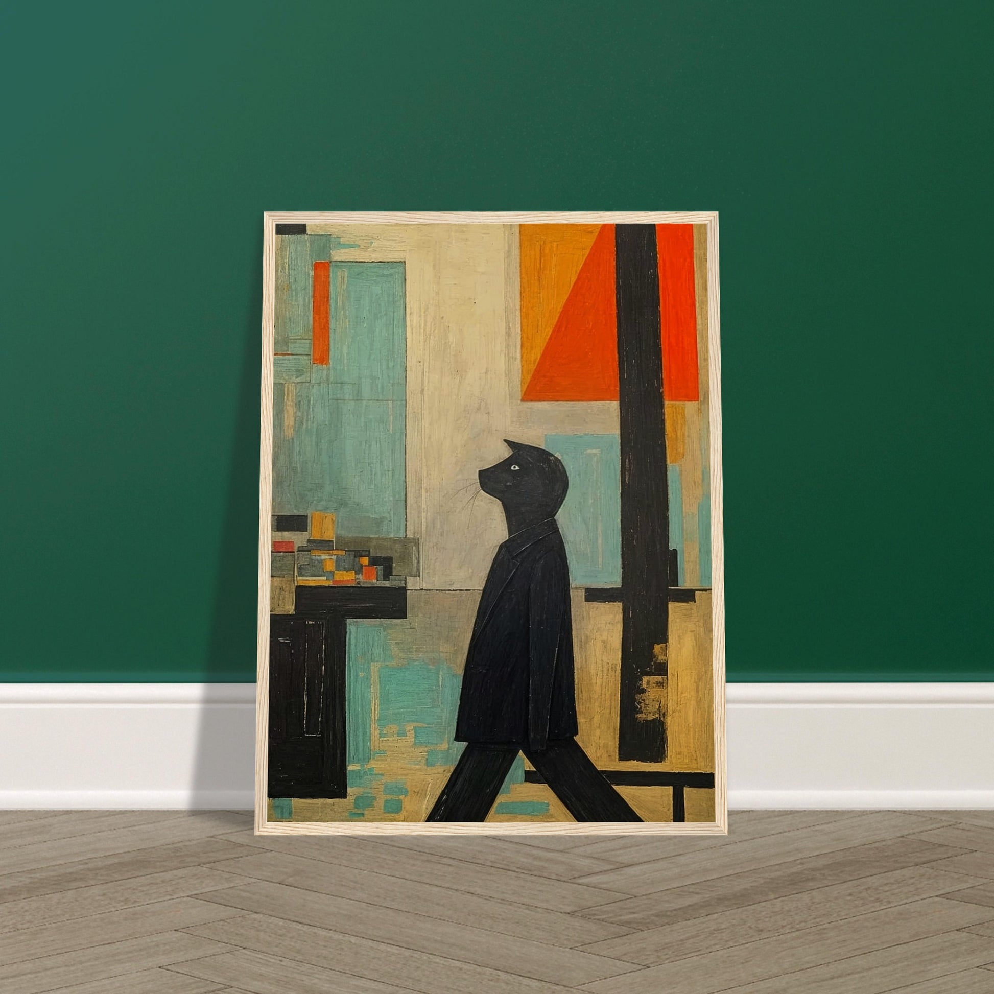 A stylized painting of a black cat walking upright, set against a geometric backdrop with muted tones of blue, orange, and beige.