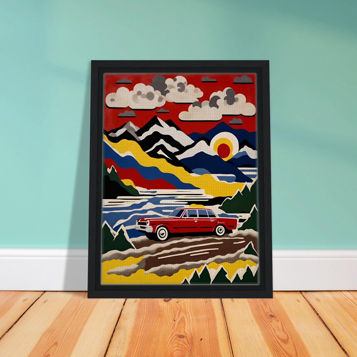 A vibrant, stylized painting of a classic red car driving through a colorful mountain landscape under a bold red sky with clouds and a setting sun.