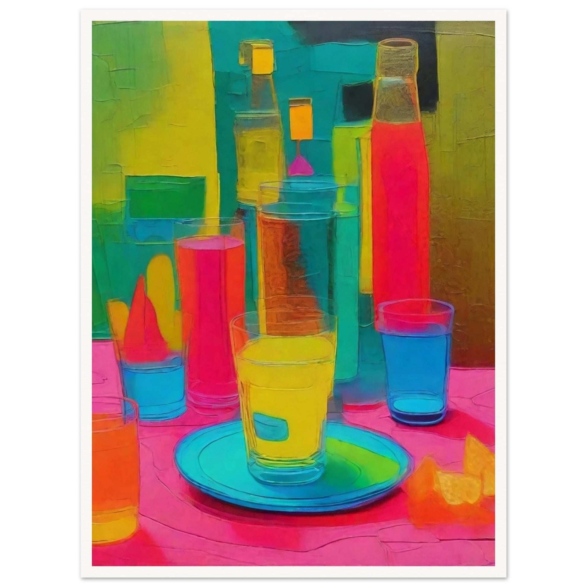 A bold and colorful still life painting with neon hues of pink, yellow, and blue, featuring bottles, glasses, and a plate on a table.