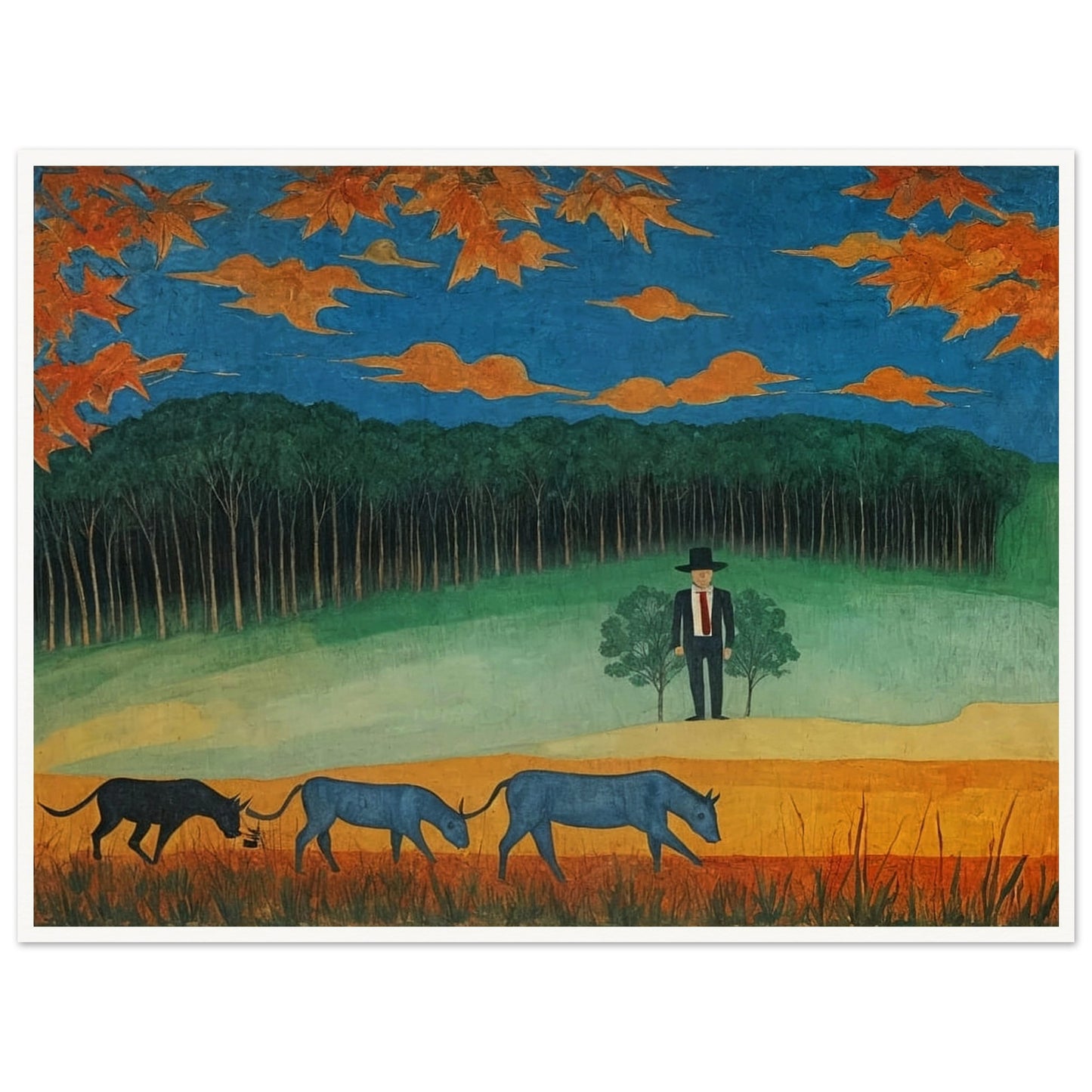 A serene countryside with blue cattle grazing and a lone man in a hat observing the changing autumn foliage and orange skies.