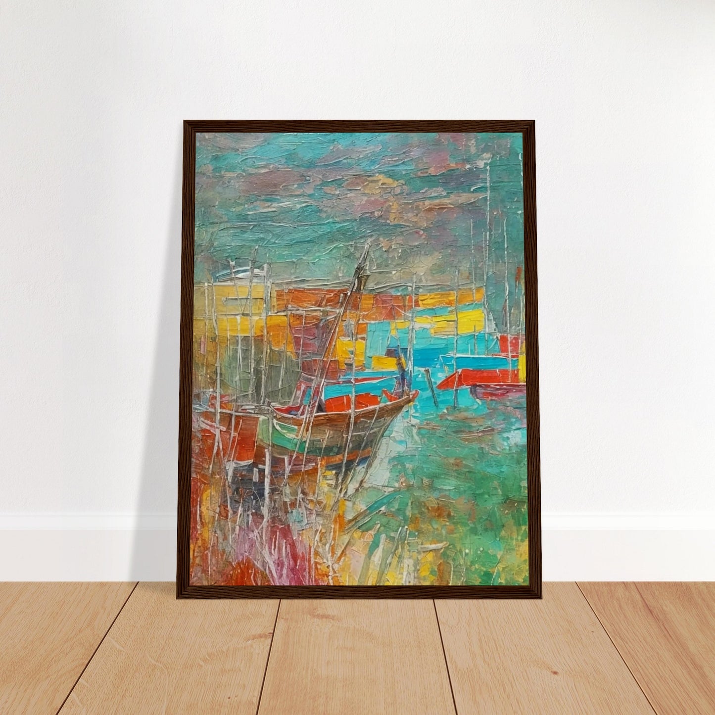 A vibrant, textured painting of boats docked at a harbor, with bold colors of red, blue, and yellow blending into the water and sky, creating a lively and colorful seascape.