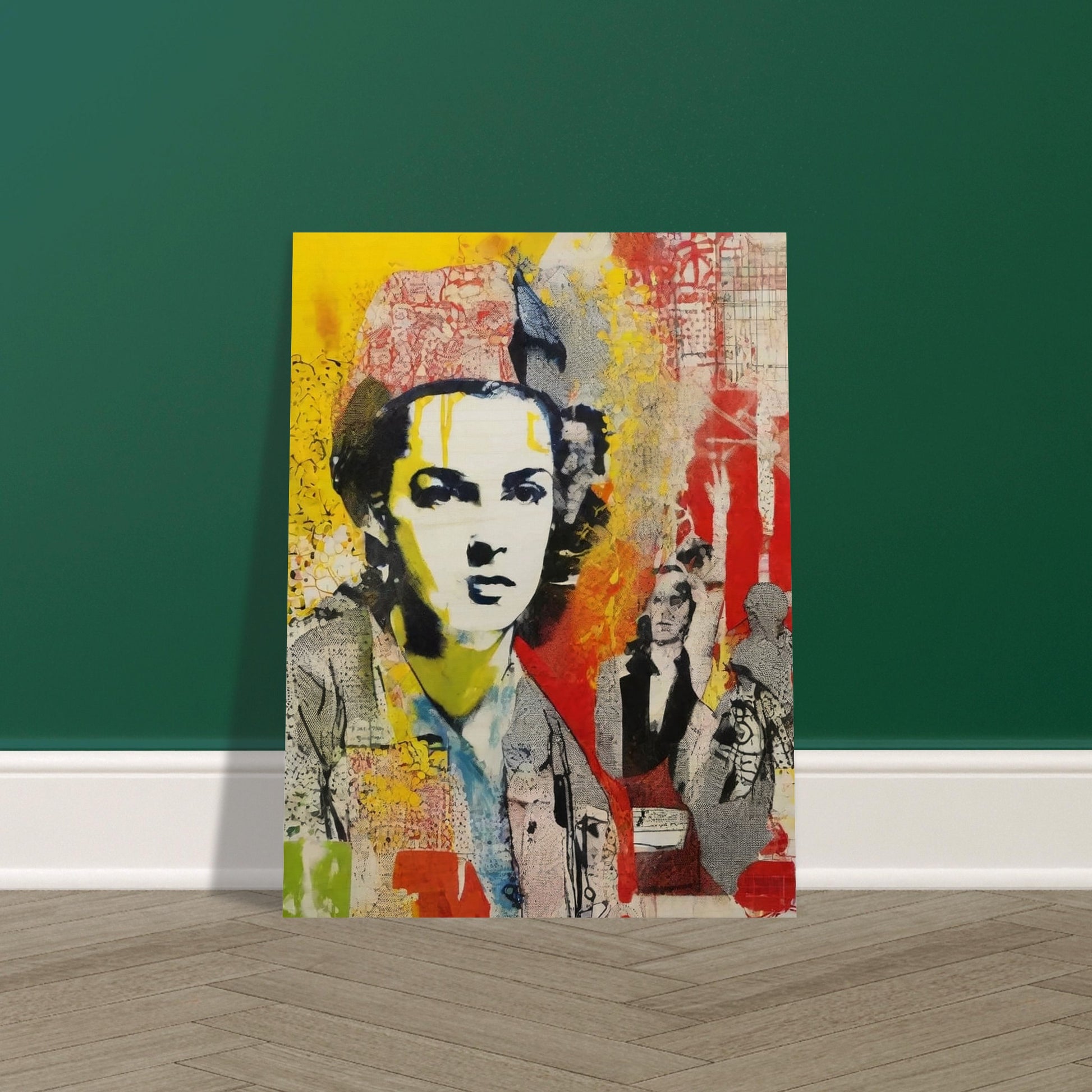 "Bold and colorful collage-like portrait of a serious woman with layers of red, yellow, and abstract patterns in the background."