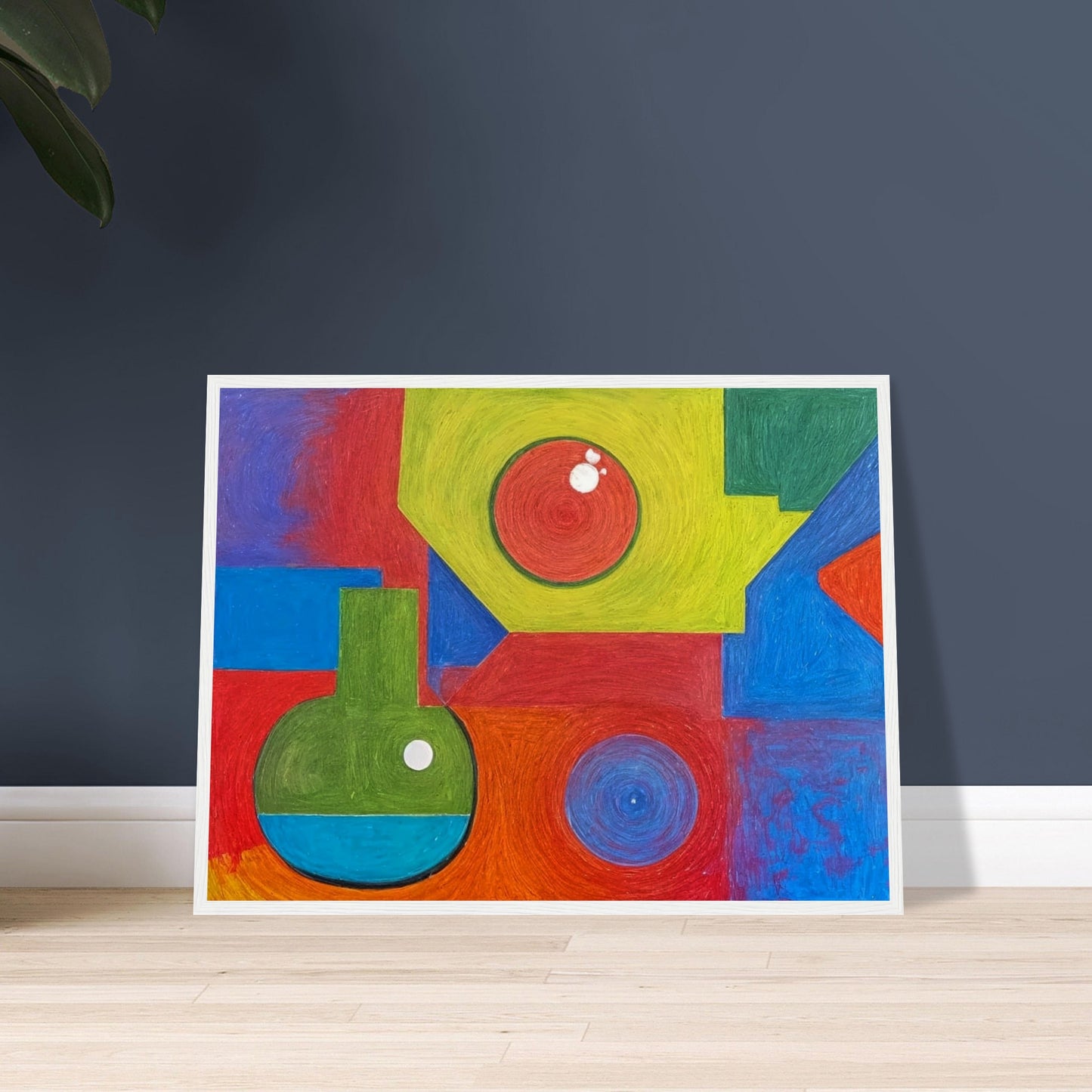 A colorful abstract composition featuring vibrant geometric shapes in bold reds, greens, blues, and yellows, creating a playful and dynamic visual arrangement.