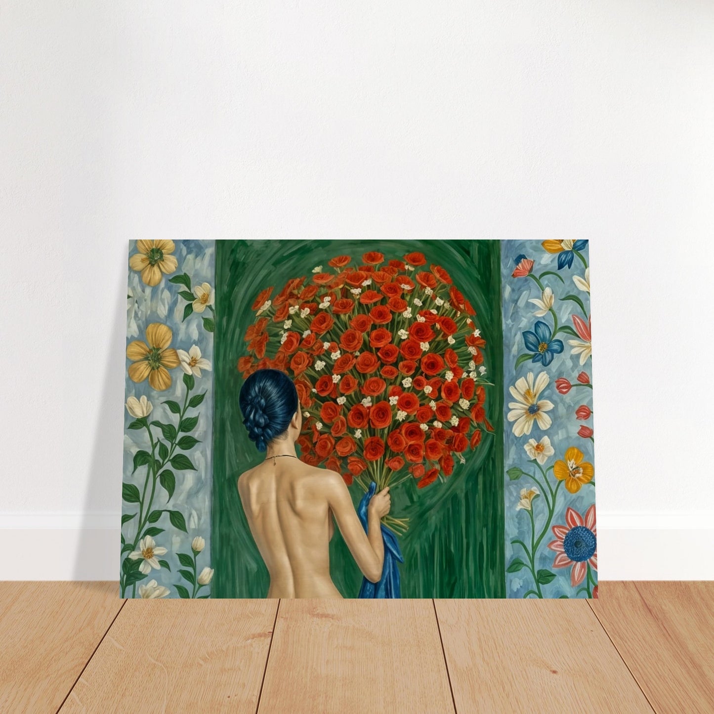 A painting of a woman with her back turned, holding a large bouquet of red roses against a vibrant backdrop of floral patterns, symbolizing a deep connection with nature.