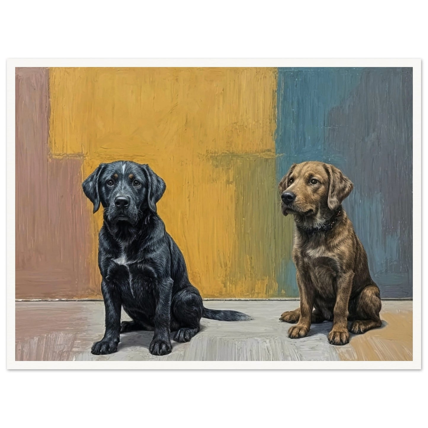 A realistic painting of two dogs sitting side by side against a colorful background, showcasing a black and a brown dog.