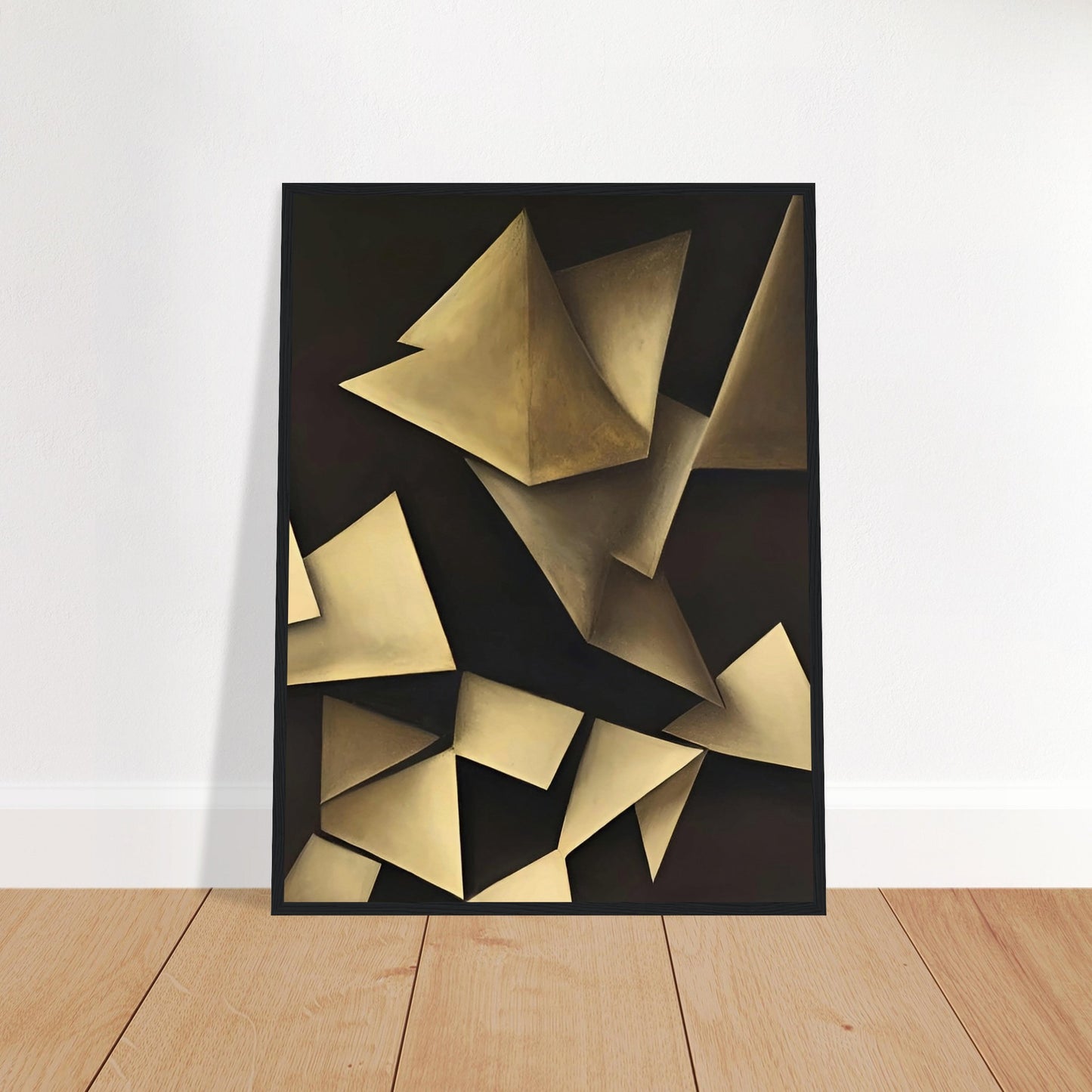 Abstract painting featuring geometric shapes in muted tones, creating a play of light and shadow.