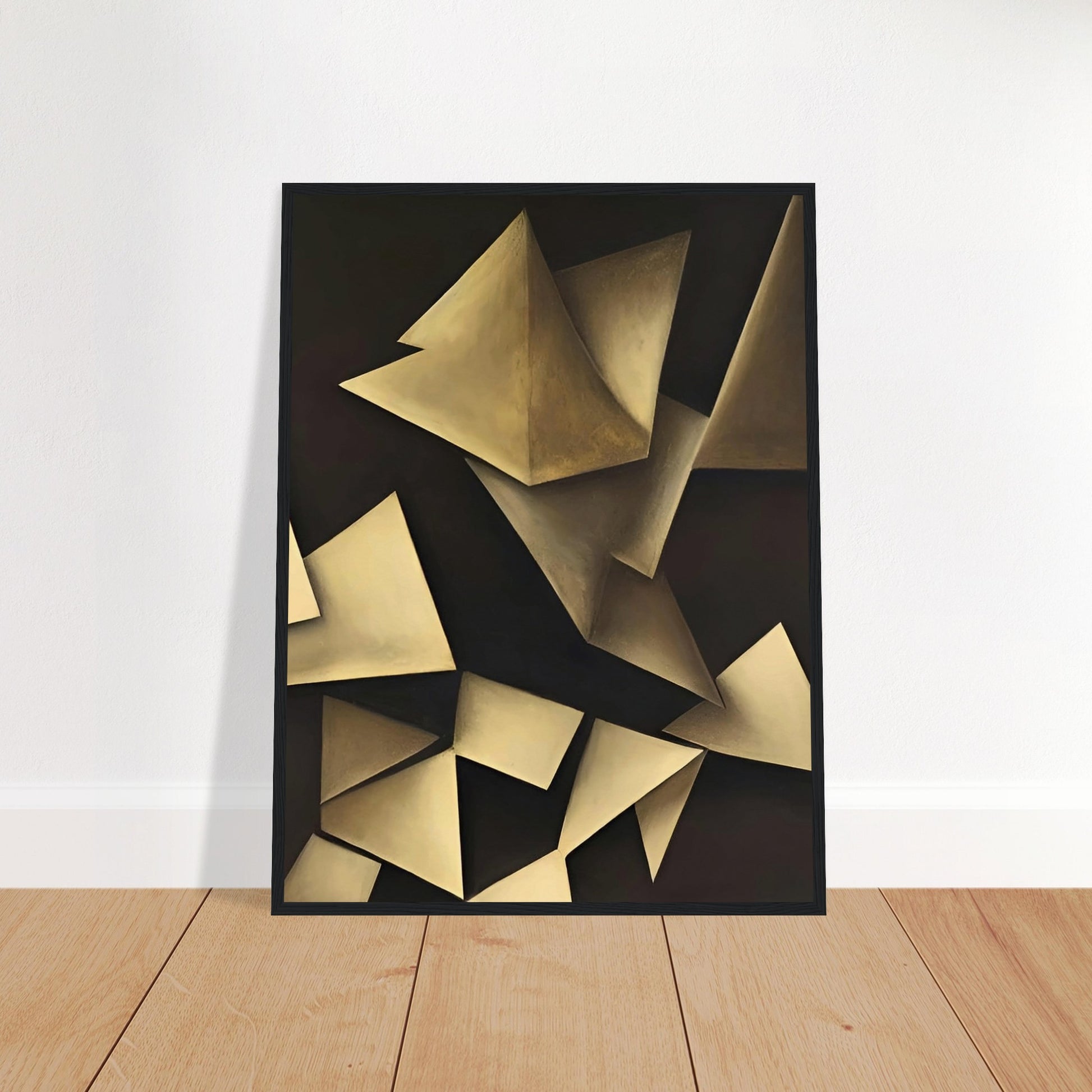 Abstract painting featuring geometric shapes in muted tones, creating a play of light and shadow.