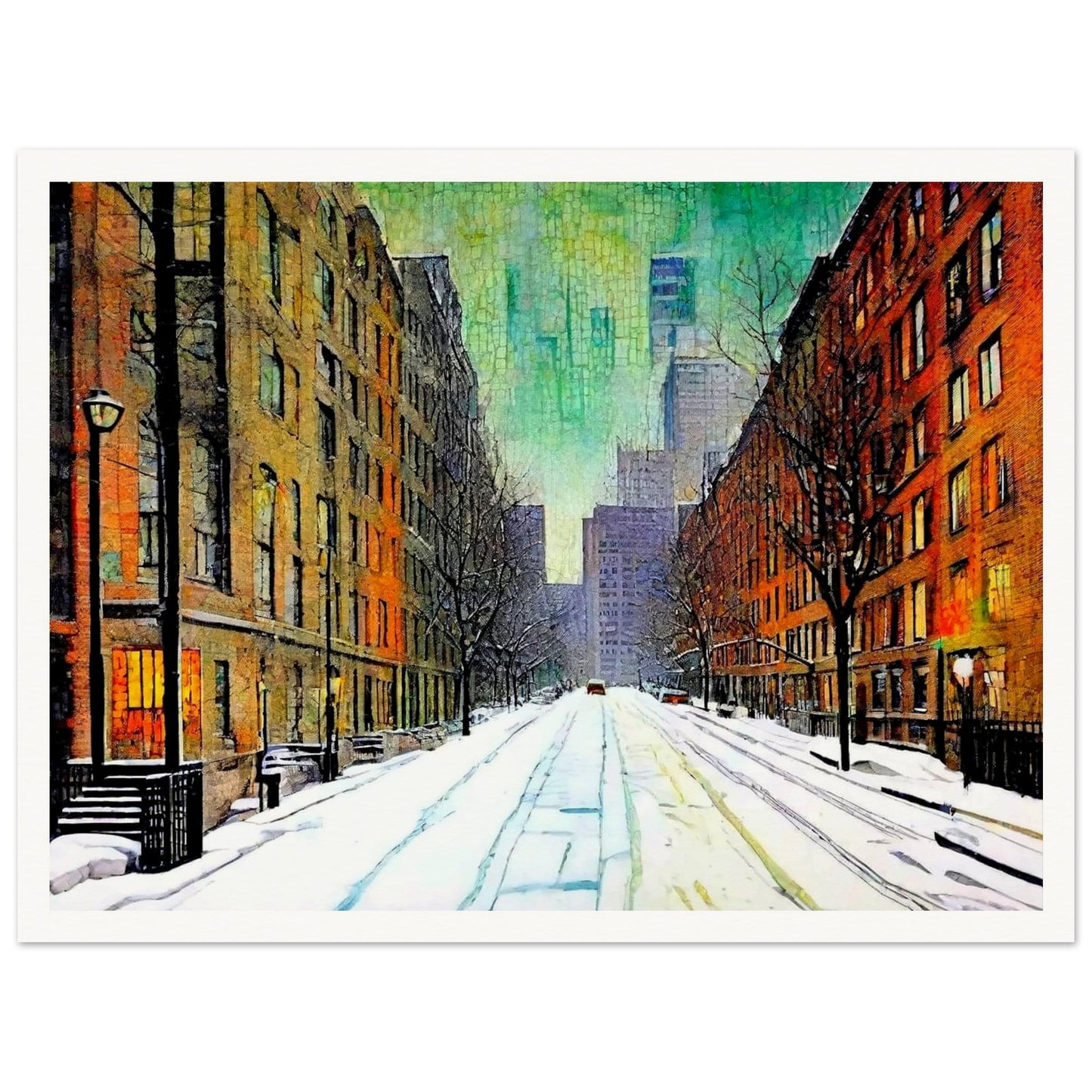 A quiet, snow-covered city street lined with tall buildings on either side, leading to a misty skyline of skyscrapers under a greenish winter sky, evoking peaceful urban solitude.