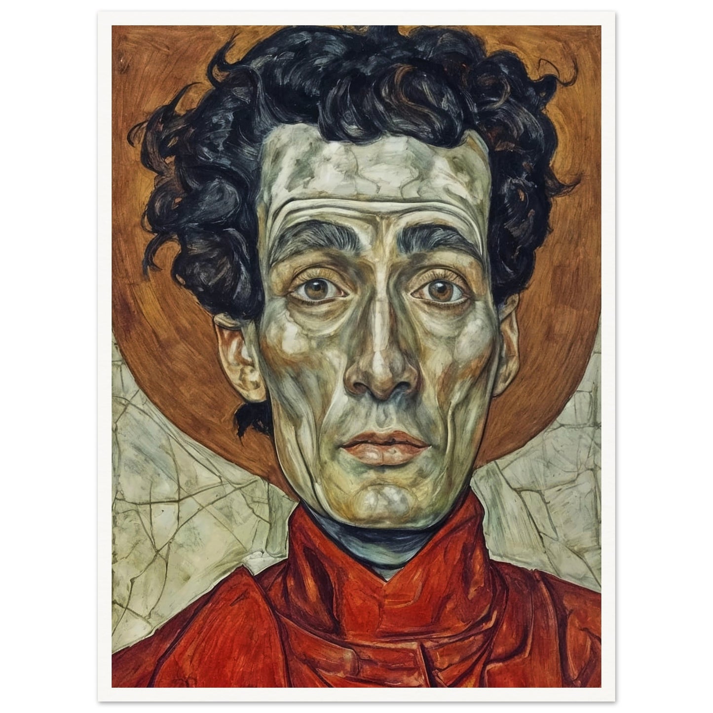 A striking portrait of a man with intense, solemn eyes, painted in vivid reds and browns, capturing a deep sense of weariness and resolve.