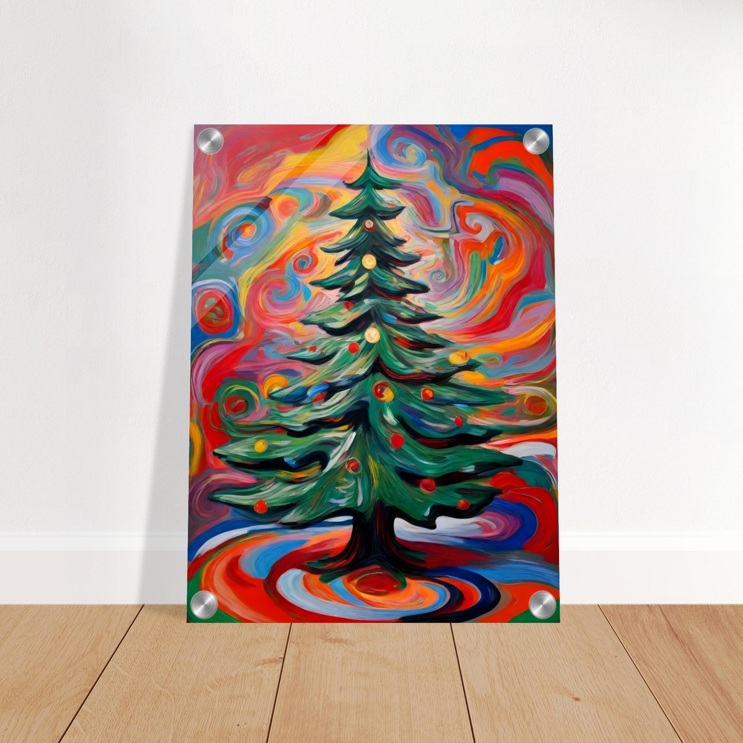 A vivid painting of a decorated Christmas tree surrounded by colorful, swirling patterns in vibrant red, orange, green, and blue hues.