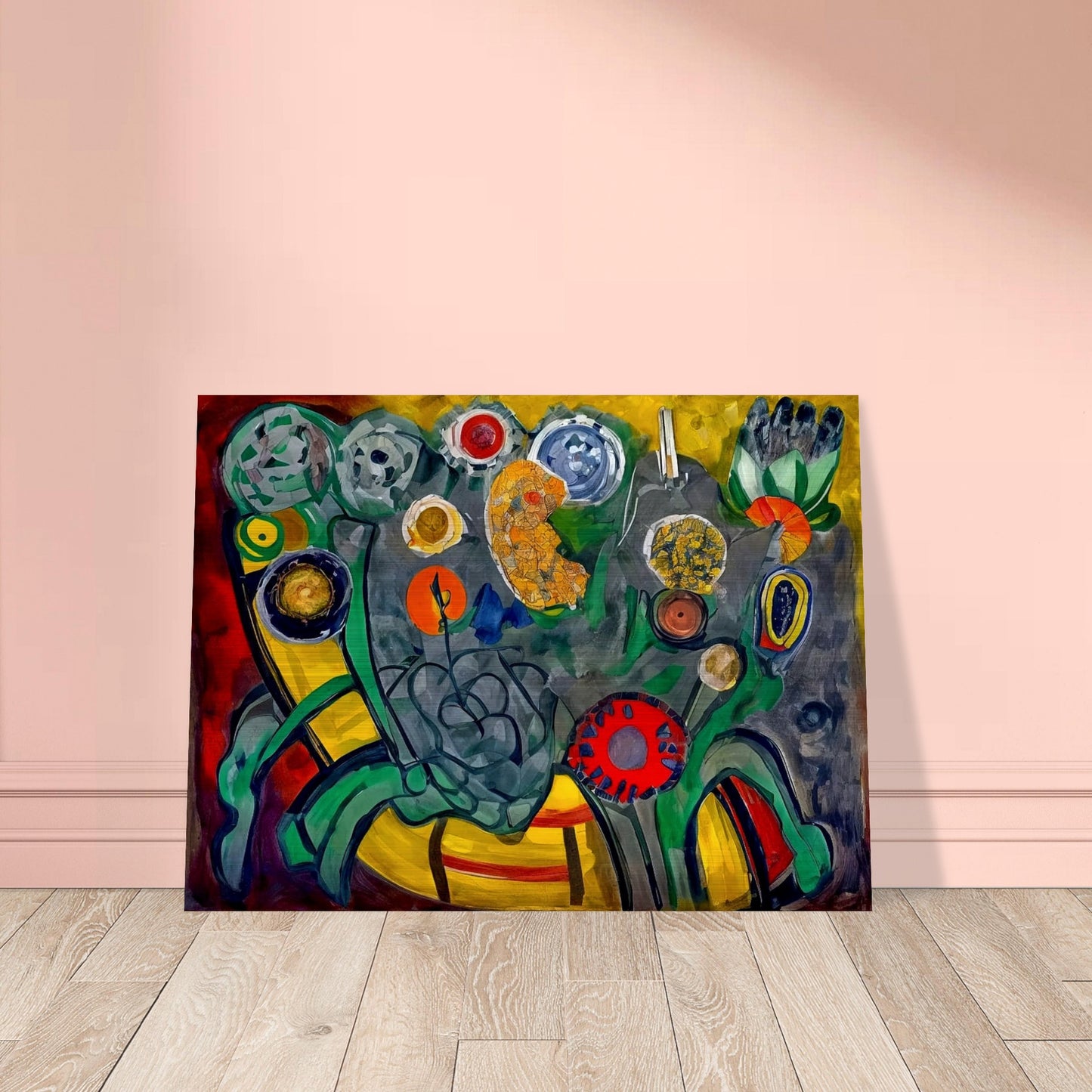 A bold, abstract depiction of colorful flowers with swirling shapes and rich colors like red, yellow, and green, creating an energetic garden-like scene.