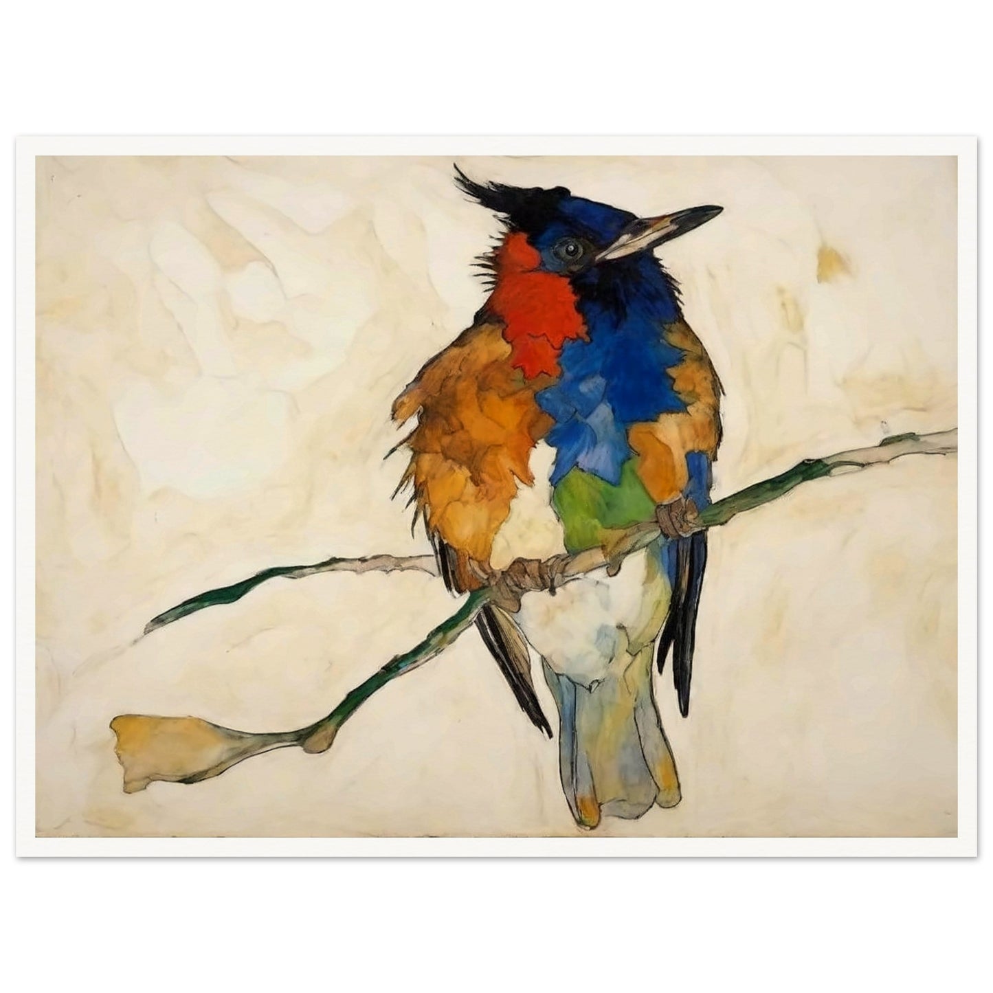 "A vivid painting of a multi-colored bird perched on a branch, with bold patches of red, blue, orange, and green feathers against a light background."