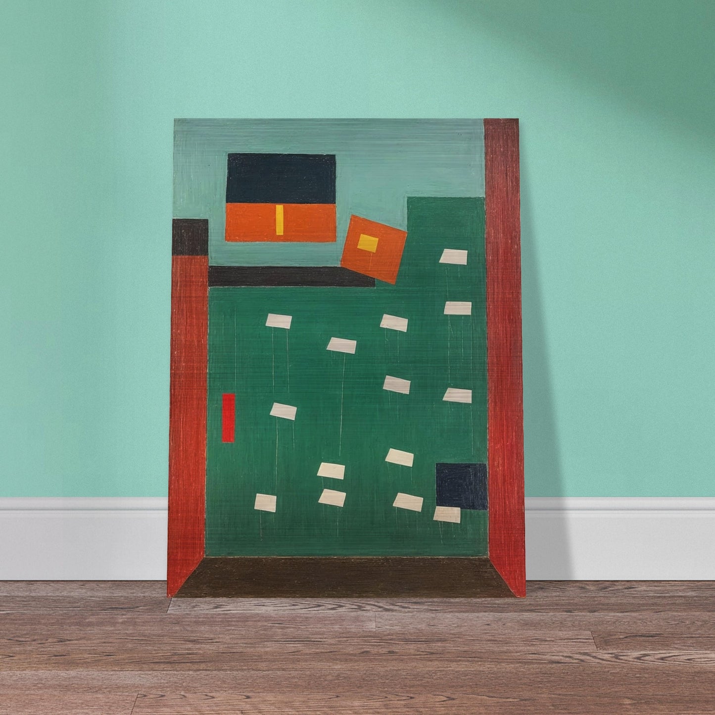 A geometric composition featuring bold blocks of color with shapes suspended in a grid-like pattern, creating a sense of structured order.