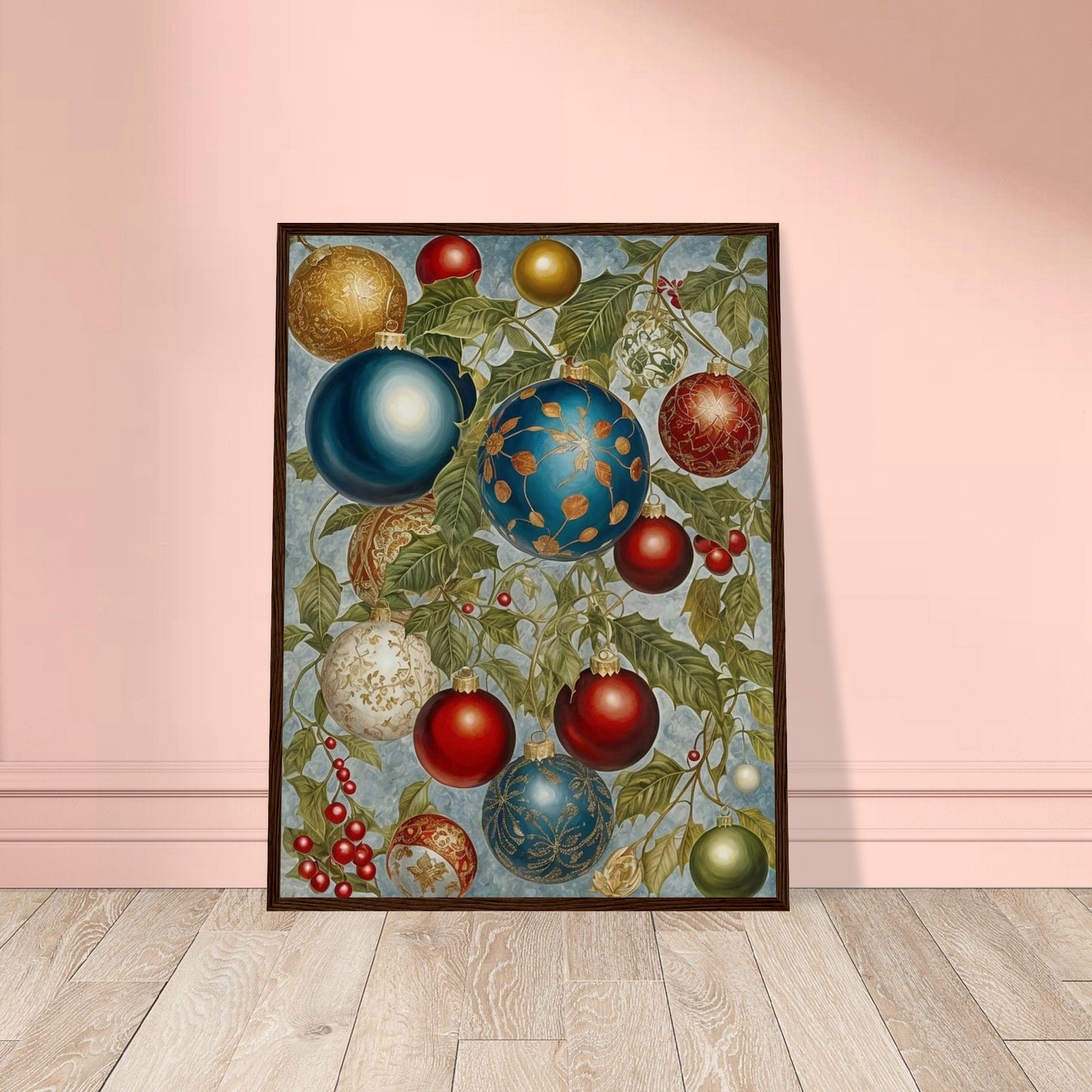 A beautiful arrangement of Christmas ornaments in blue, red, gold, and white, hanging from holly branches adorned with berries, showcasing intricate holiday designs.