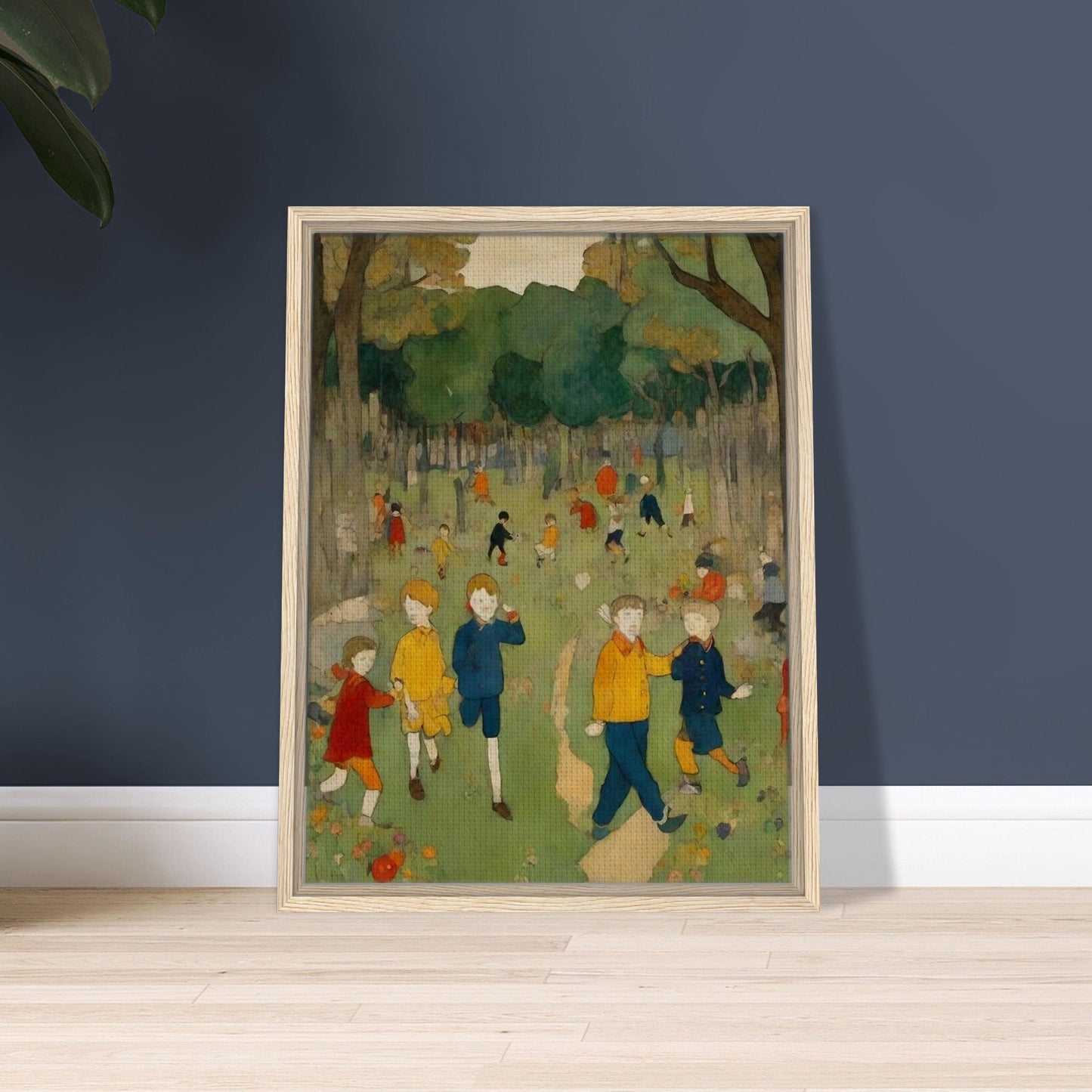 "A nostalgic painting of children playing and exploring in a bright green forest clearing, surrounded by tall trees and colorful wildflowers."