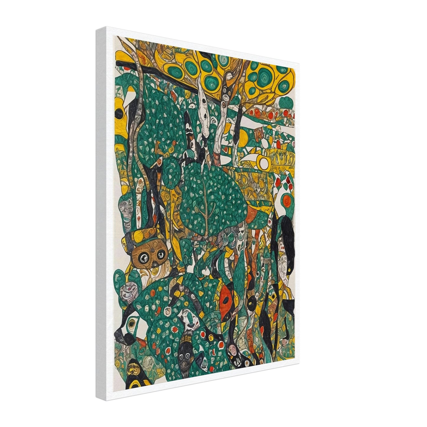 An intricate and colorful painting depicting a whimsical jungle scene with abstract shapes and vibrant green, yellow, and orange hues.