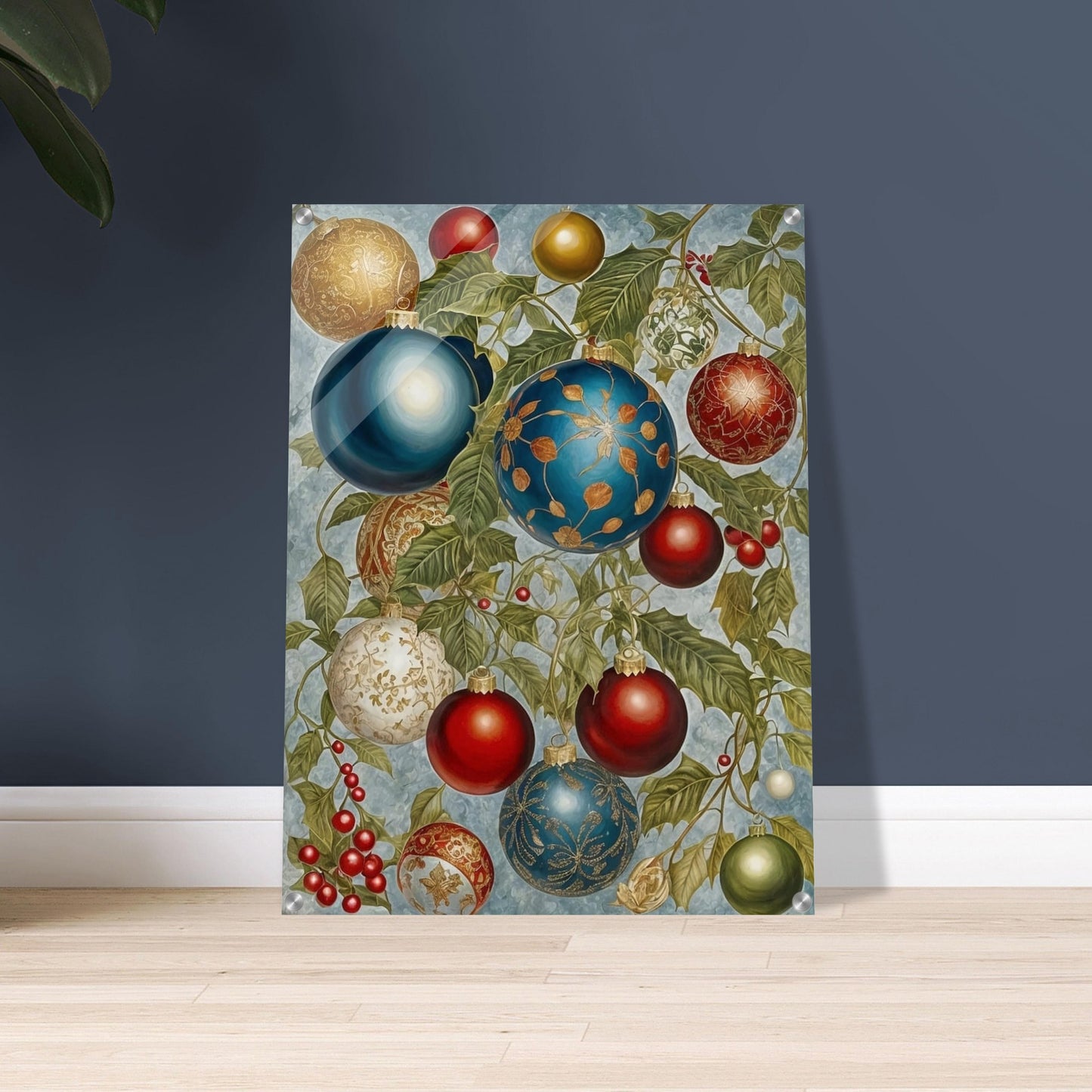 A beautiful arrangement of Christmas ornaments in blue, red, gold, and white, hanging from holly branches adorned with berries, showcasing intricate holiday designs.