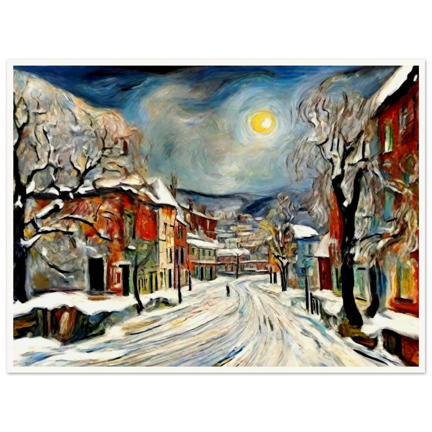 "A serene winter night scene with snow-covered streets and buildings under a glowing moon, framed by frosted trees in a quiet village."