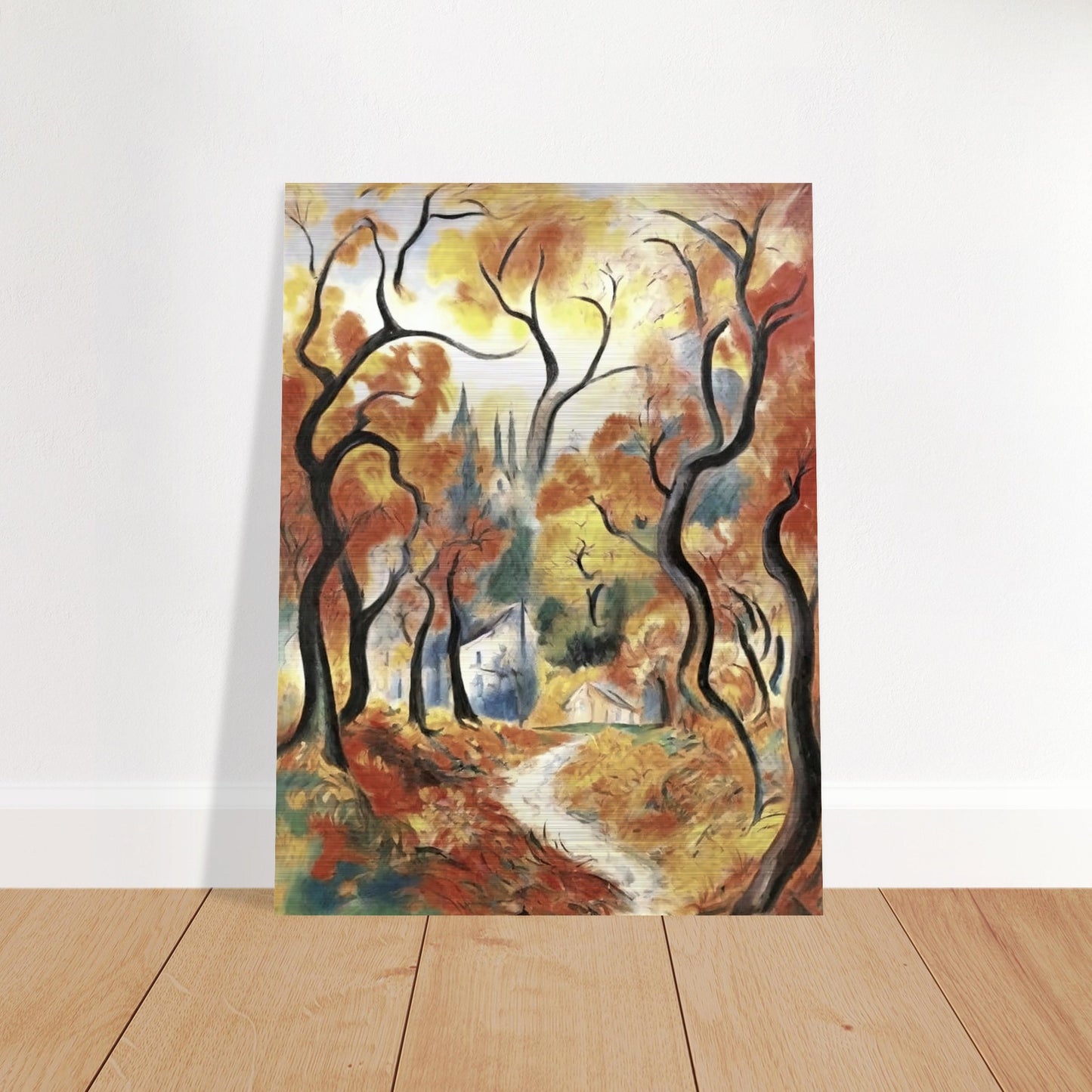 "A vibrant autumn landscape with twisted trees and a winding path leading to a cottage, framed by golden and orange leaves."