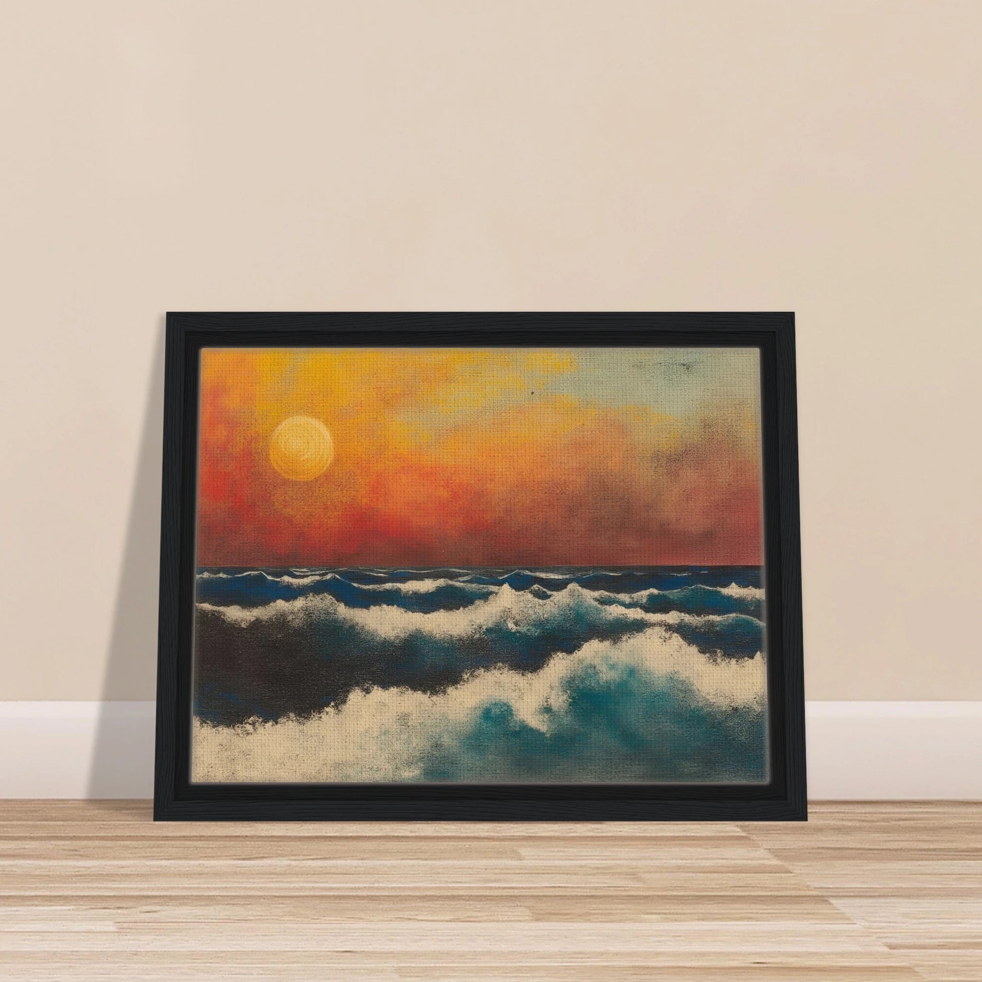 Crashing ocean waves beneath a fiery orange sunset sky, with textured swirls and foam breaking across deep blue water.