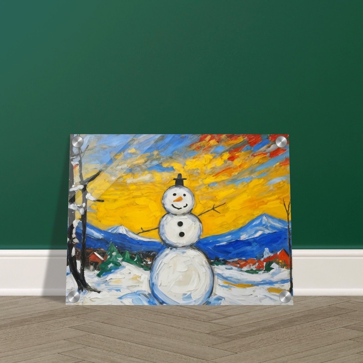 A cheerful snowman stands in a snowy village landscape with a vibrant yellow and orange sunrise, framed by mountains and trees, bringing joy to the winter scene.