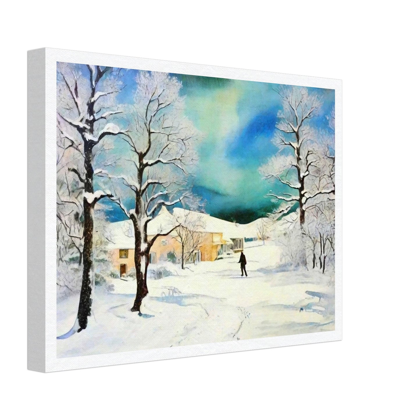 A serene winter landscape featuring snow-covered trees, a lone figure walking through the snow, and warm houses nestled under a stunning blue-green sky.