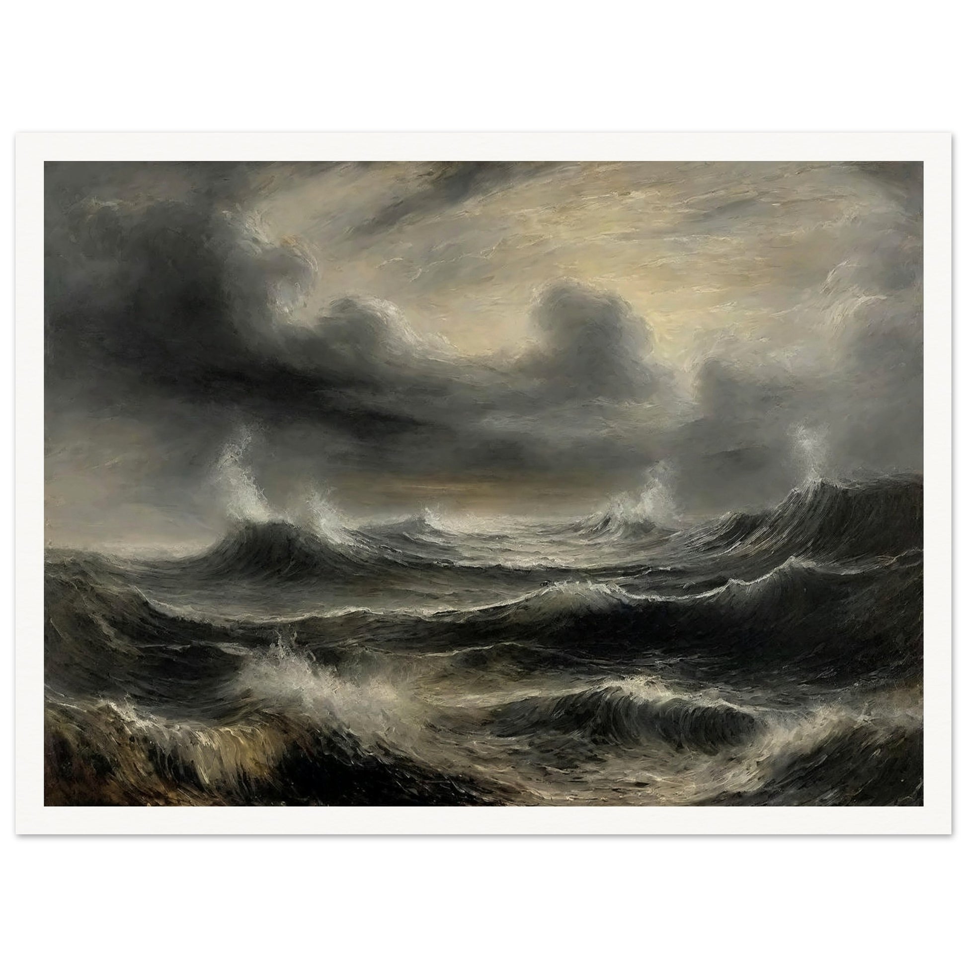 A dramatic painting of a stormy sea with dark, turbulent waves and ominous clouds. The swirling, textured brushstrokes capture the intensity and power of the ocean during a tempest.