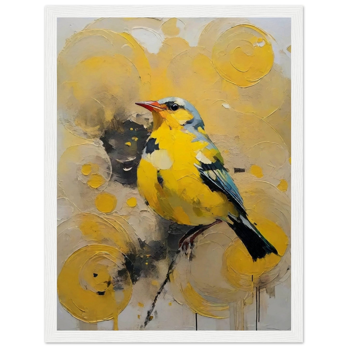 A vibrant painting of a yellow bird with blue accents, perched against a backdrop of swirling yellow patterns.