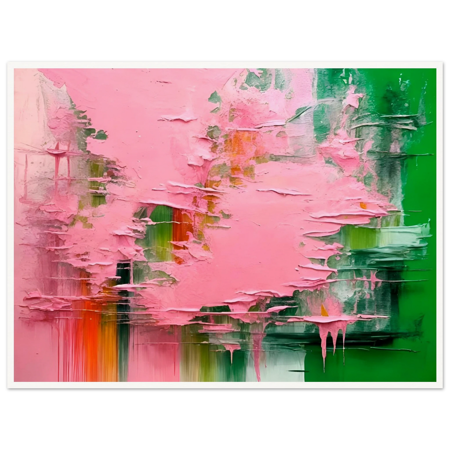 Vibrant abstract art with bold green and pink textures, layered and dripping paint blending with subtle orange and white strokes.