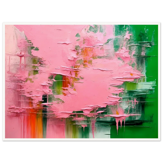 Vibrant abstract art with bold green and pink textures, layered and dripping paint blending with subtle orange and white strokes.
