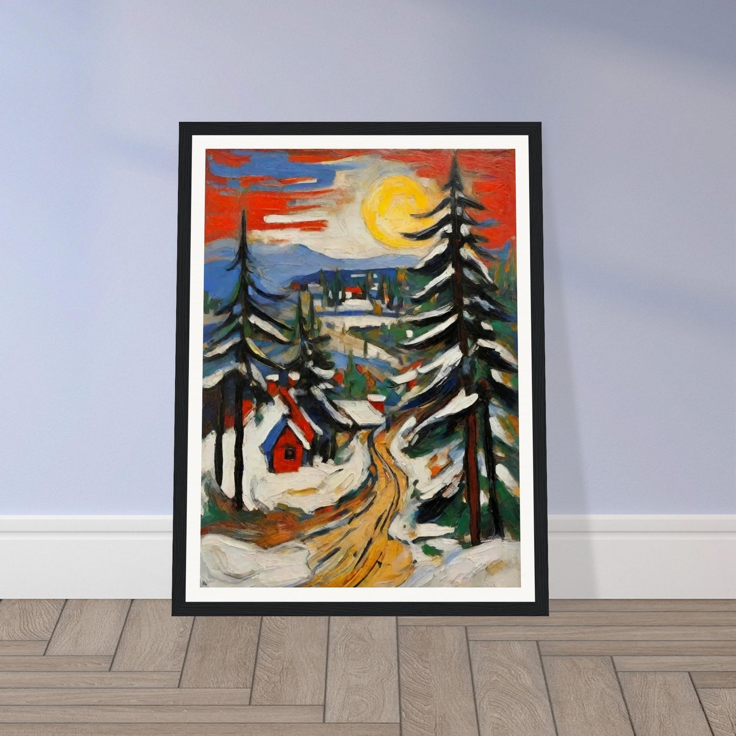 "A vibrant painting of a snow-covered village under a bright yellow sun, with tall pine trees and a winding golden path leading through the scene."