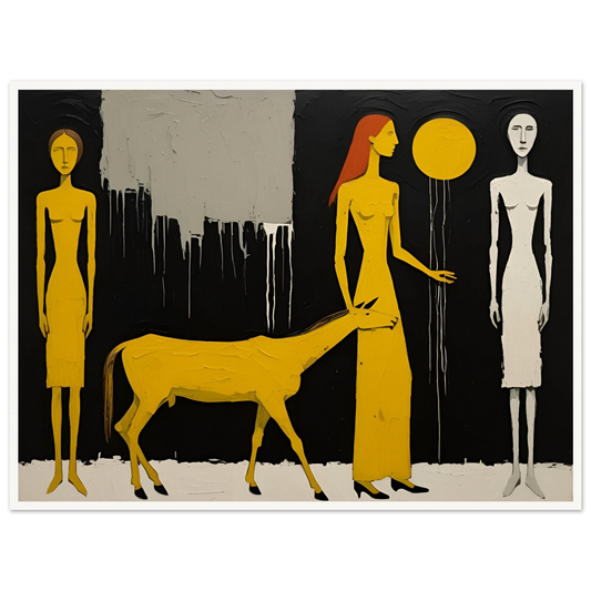 A surreal painting featuring three elongated female figures, a golden horse, and a dripping yellow sun against a dark background.