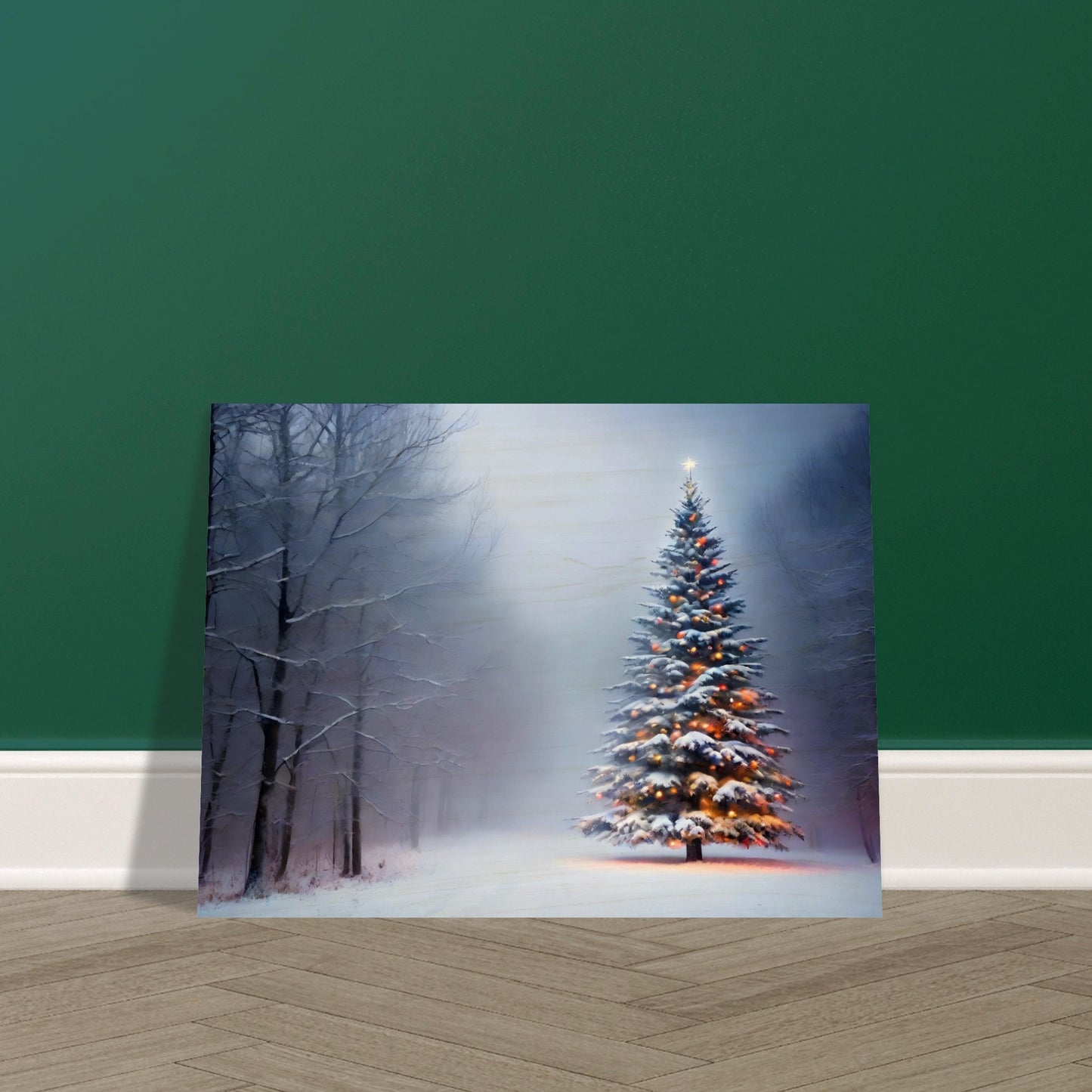 A snow-covered Christmas tree glowing with warm lights, standing alone in a misty winter forest, surrounded by frosted trees and soft light.