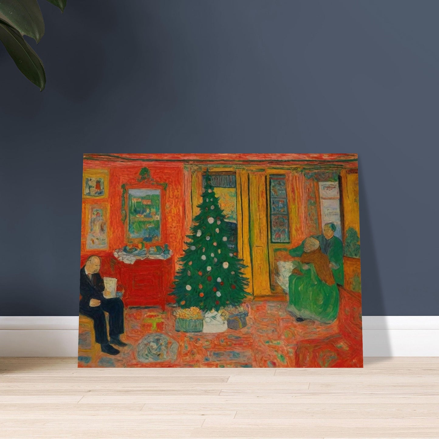 A colorful, cozy living room featuring a decorated Christmas tree, with family members preparing for the holiday in a warm and inviting atmosphere.