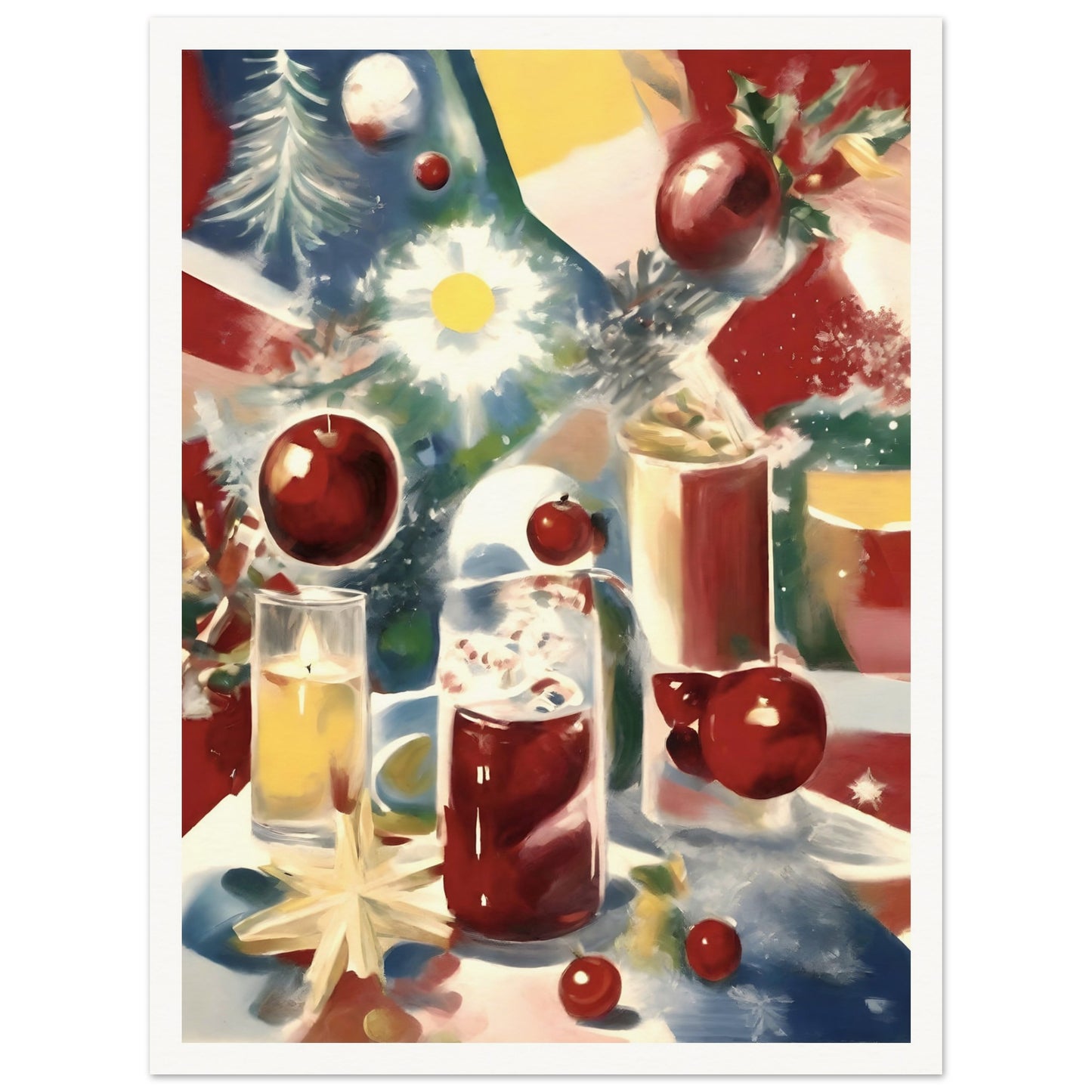A festive still life featuring glasses of holiday drinks, vibrant red ornaments, holly leaves, and glowing candles on a colorful background.