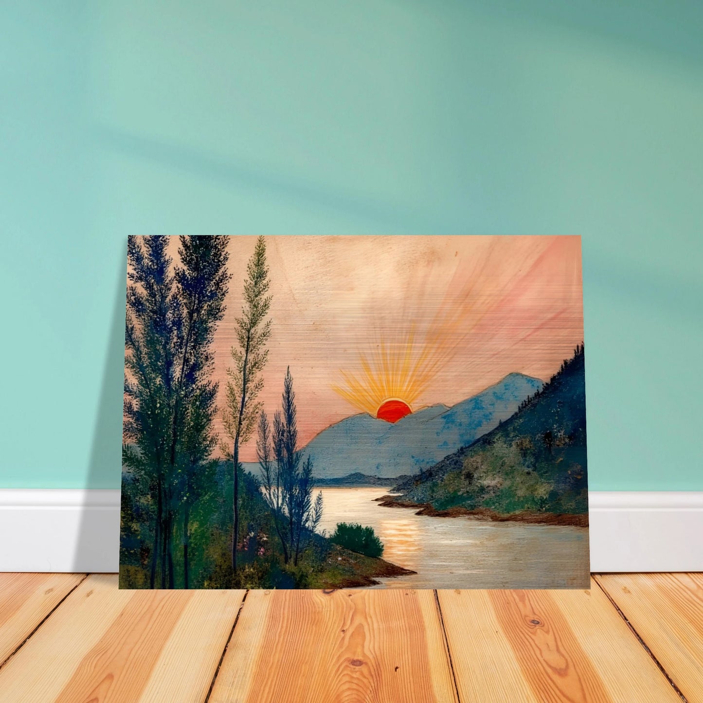 A vivid sunrise glows over misty mountains and a calm river, framed by tall trees and soft pastel skies.