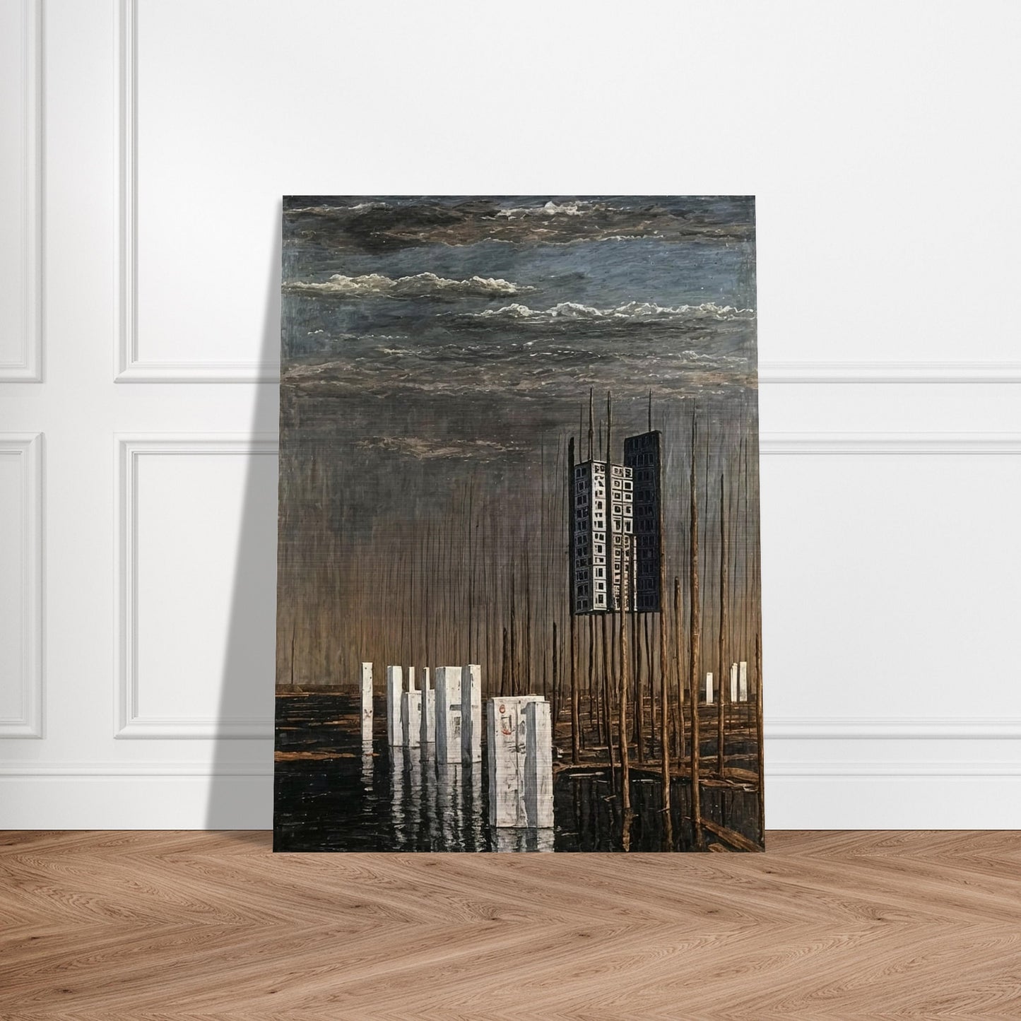 A surreal landscape painting featuring a tall, isolated building suspended among thin wooden poles, with reflective water and a cloudy sky.