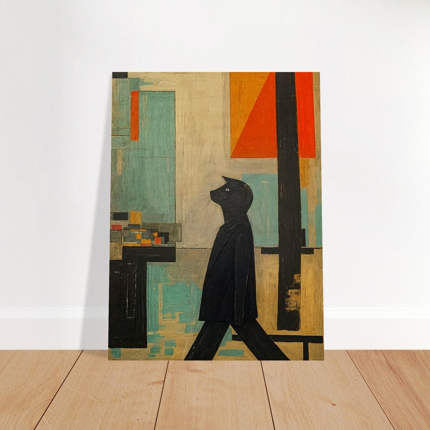 A stylized painting of a black cat walking upright, set against a geometric backdrop with muted tones of blue, orange, and beige.