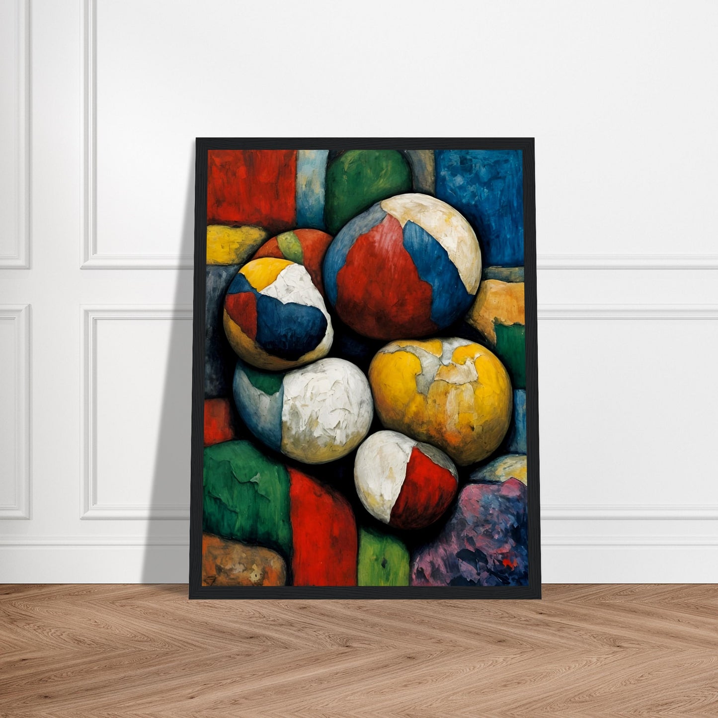 A textured composition of cracked, multicolored spheres resting on a vibrant, patchwork-like background, evoking a sense of time and decay.