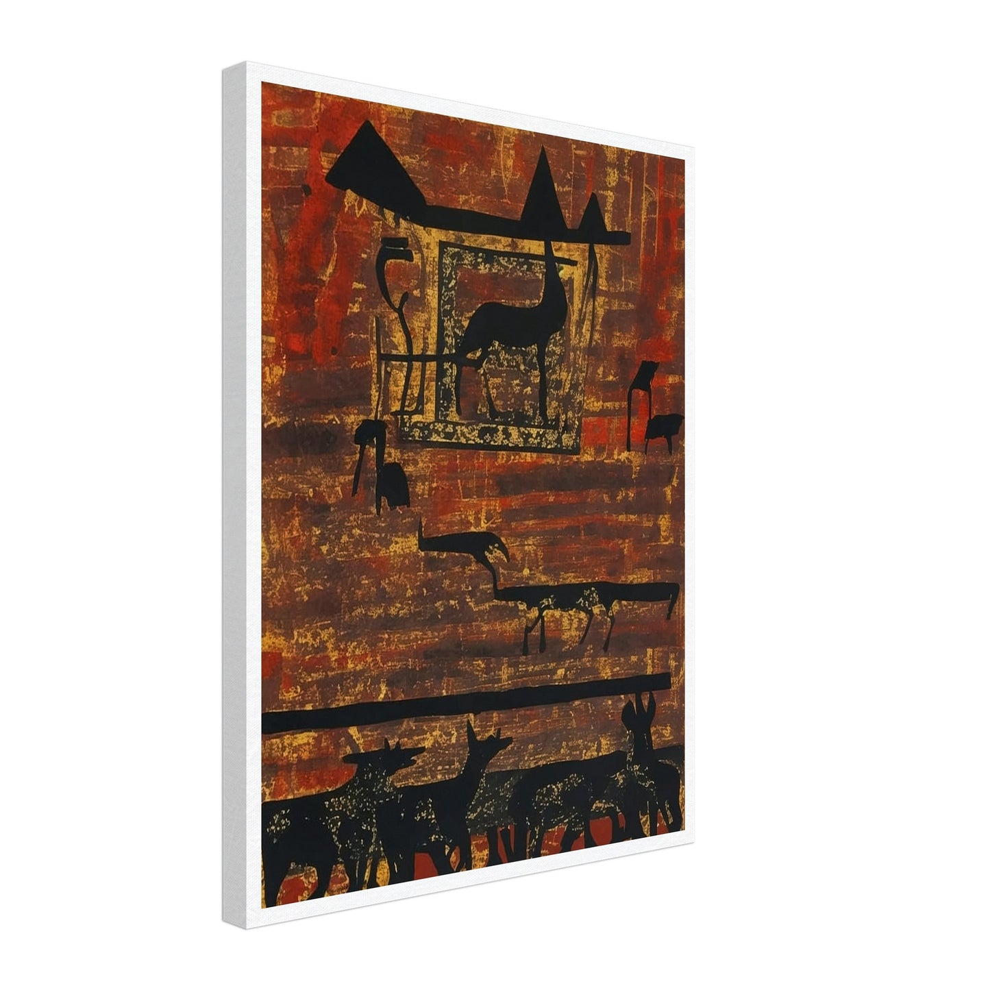 A rustic painting of silhouetted animals and geometric shapes on an earthy, textured background with rich red and brown hues.