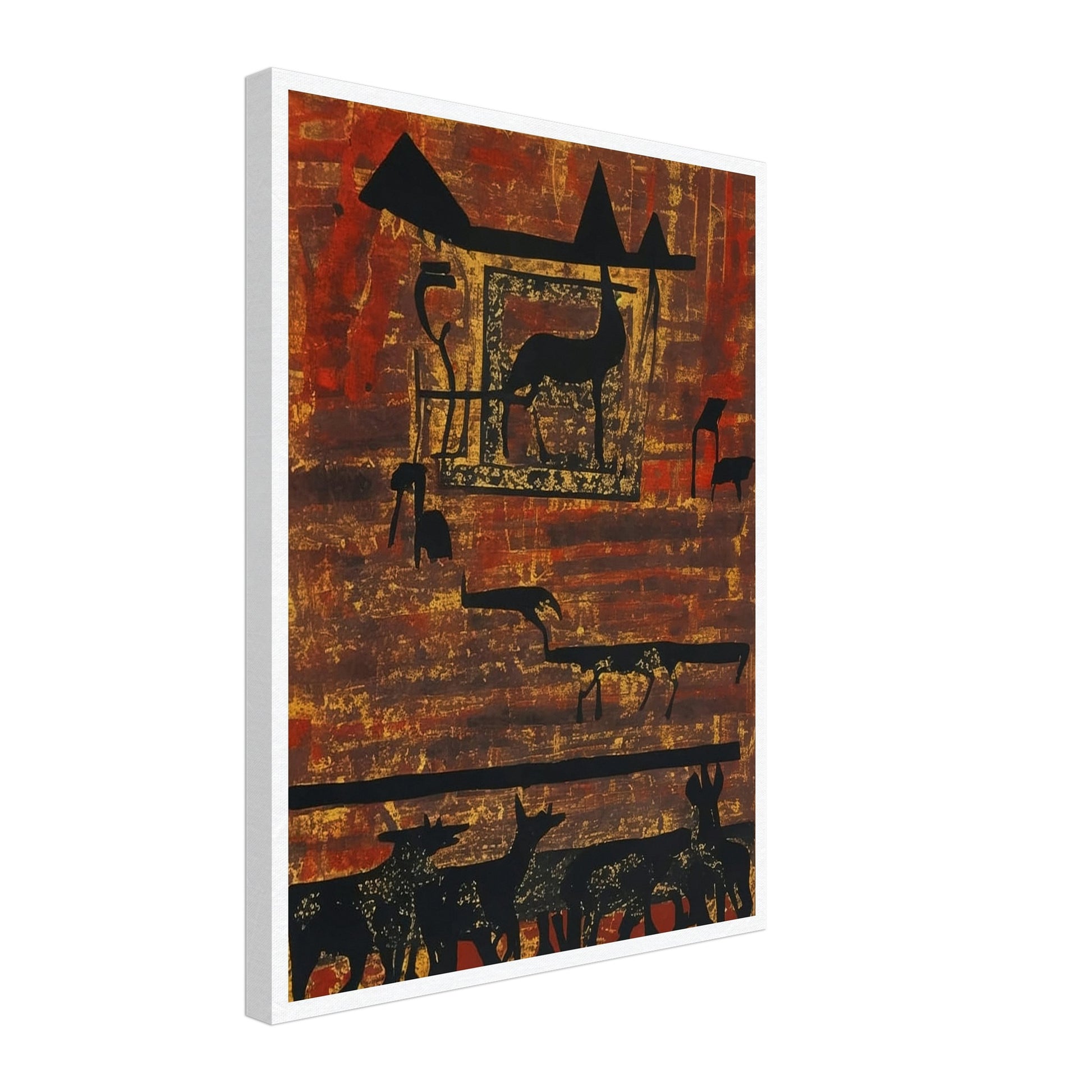 A rustic painting of silhouetted animals and geometric shapes on an earthy, textured background with rich red and brown hues.