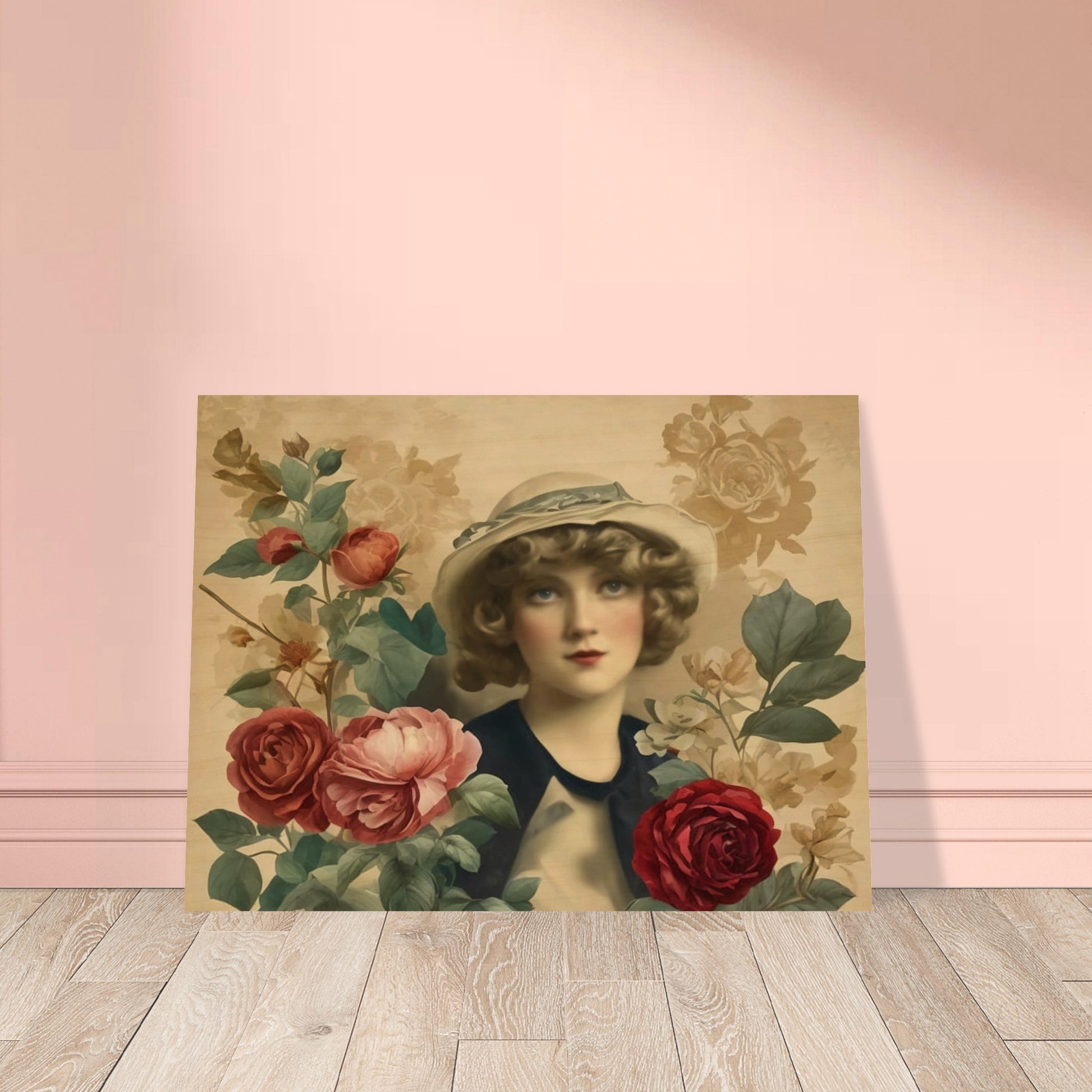 A vintage-style portrait of a woman in a hat, surrounded by blooming roses in soft, muted colors.
