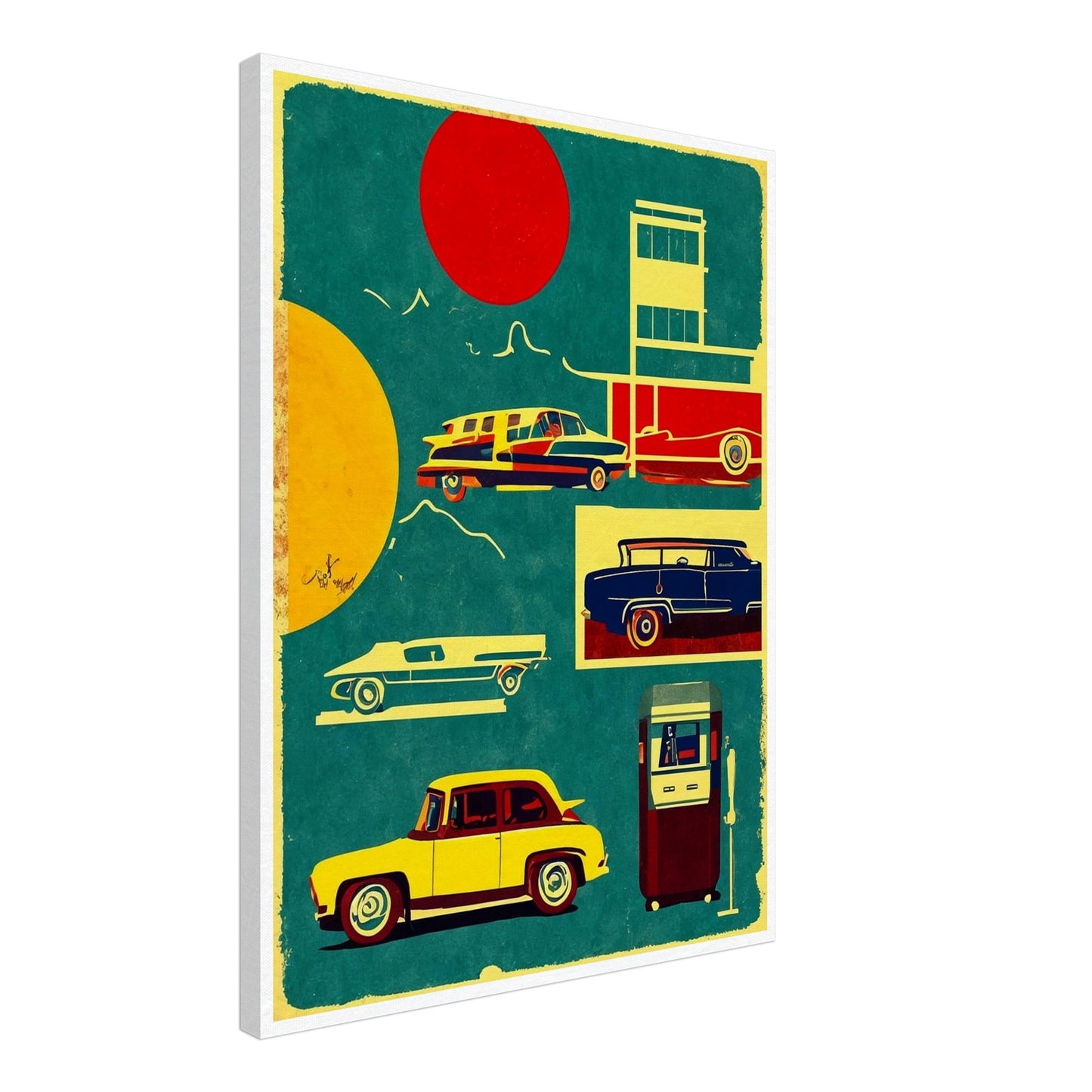 A vibrant artwork featuring classic vintage cars and a retro gas pump in bold colors, set against a backdrop of red and yellow suns.