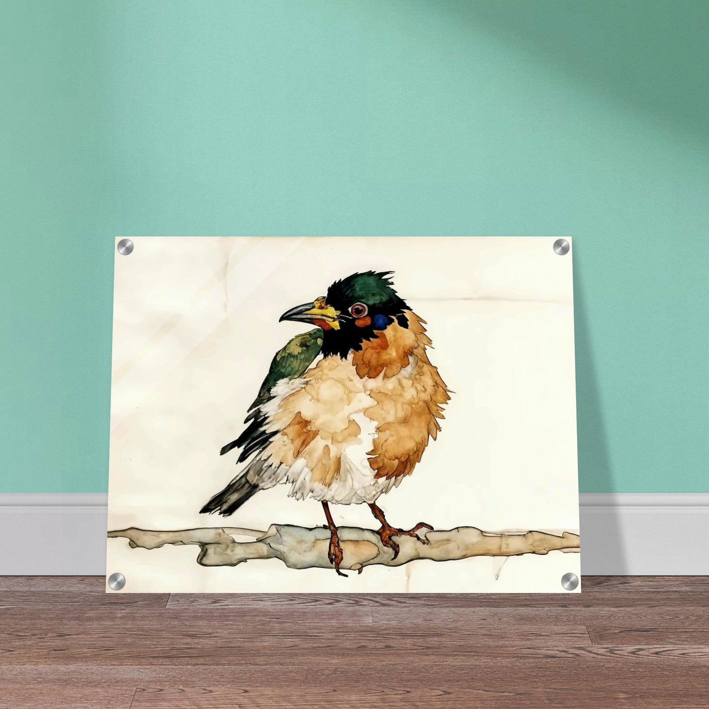 "A delicate painting of a small bird with fluffy, colorful feathers perched on a branch, set against a soft, neutral background."