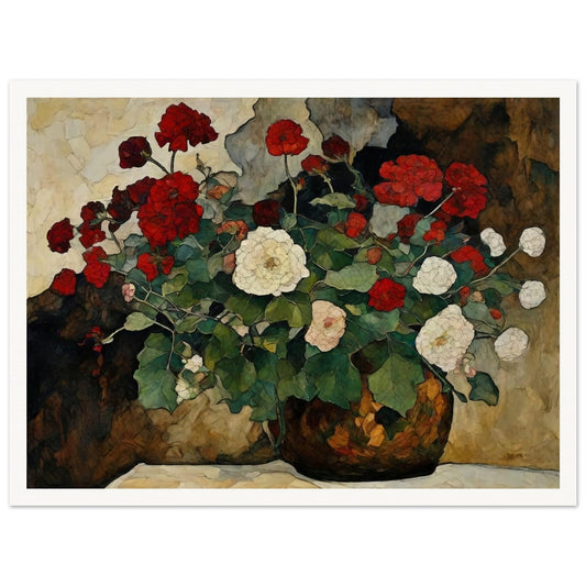 A detailed painting of a vase filled with red and white flowers, set against a textured background.